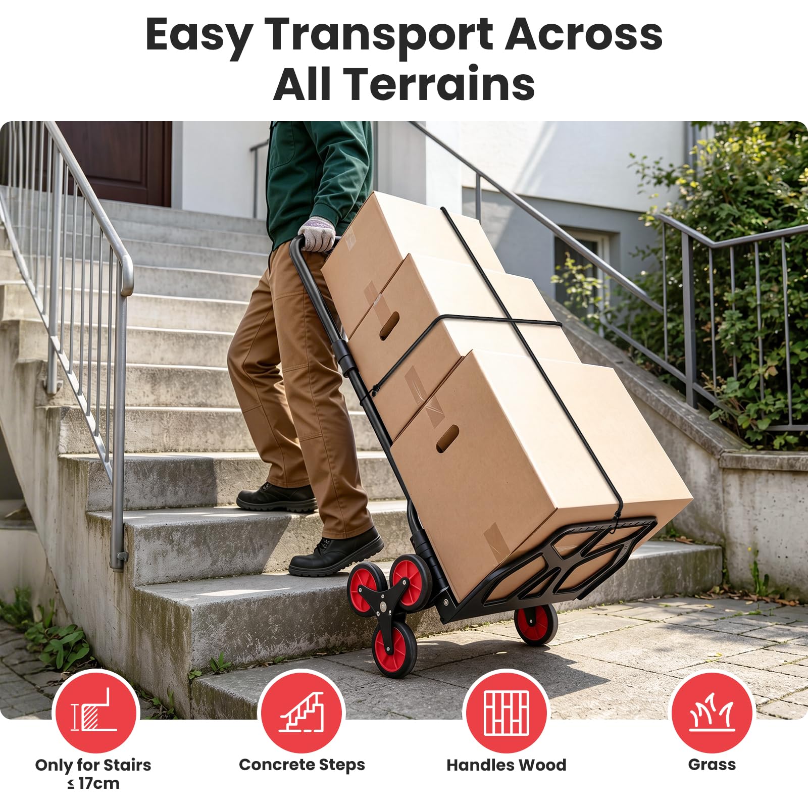 YEAUPE PRO Faltbare Treppensackkarre Höhenverstellbar 50 kg Schwarz | TPR-Rollen, 2 elastische Spanngurte und verstellbarer Griff für Treppen, Umzug, Garten und Transport von Gegenständen