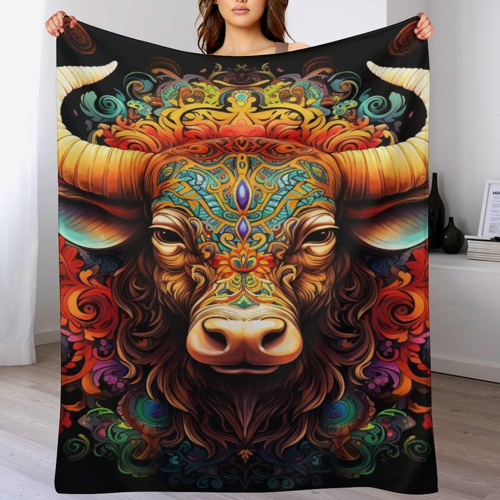 Couverture polaire plaid flanelle douce chaude couvre-lit motif buffle pour canapé lit