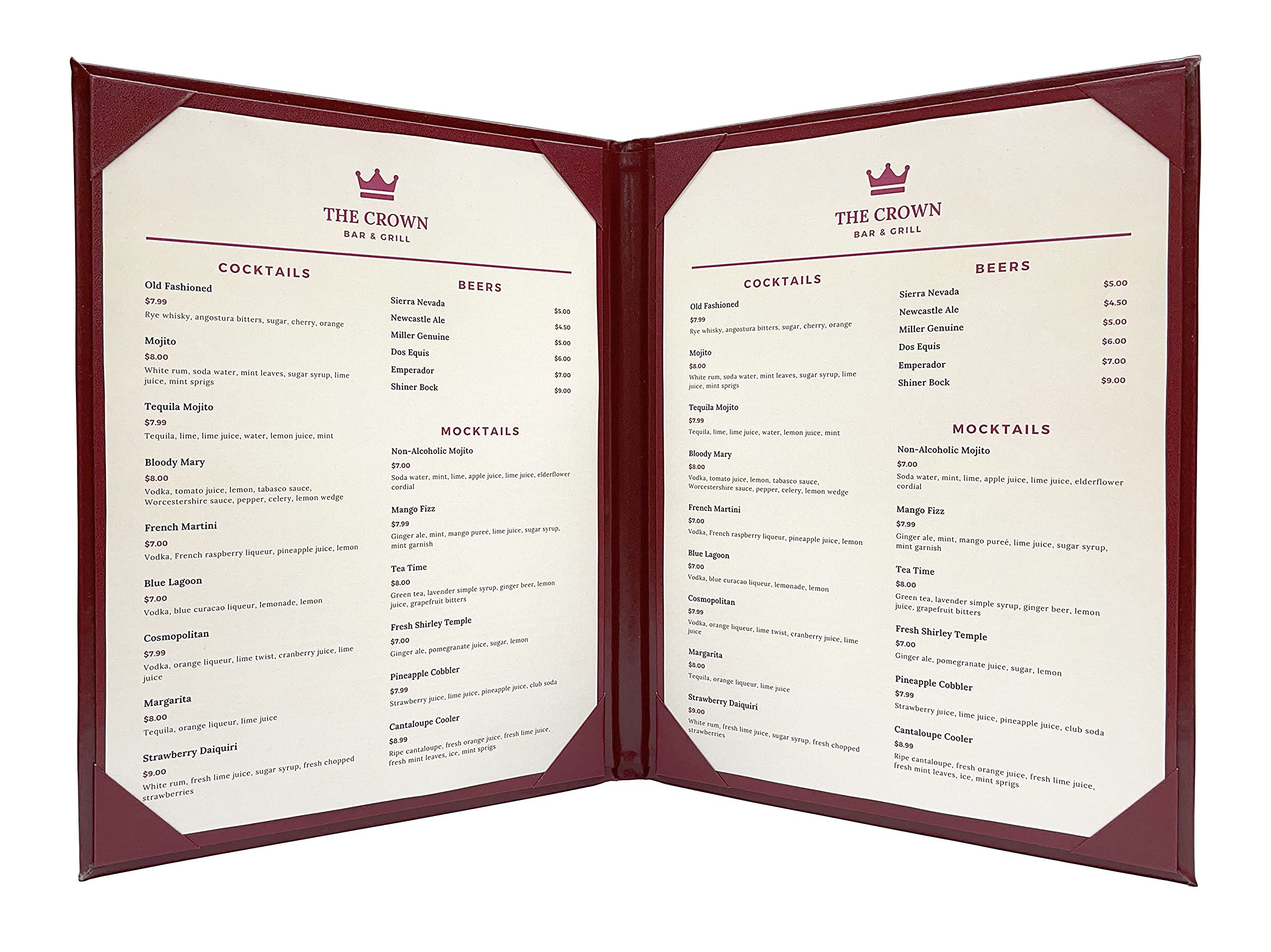 Goodsmart Columbia Casebound Menu Covers – 5-Pack, Burgundy Premium Faux Leather Restaurant Menu Holders, 8.5