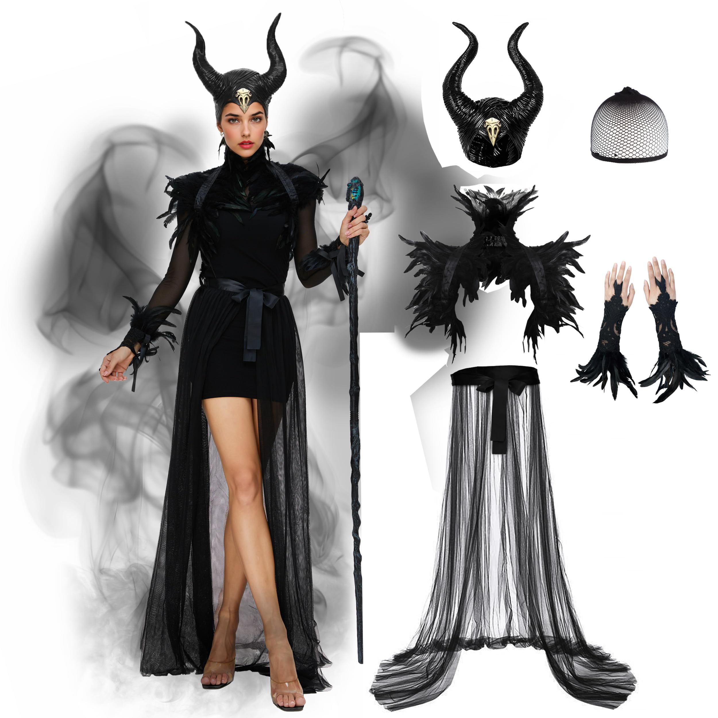 Joellfuner Disfraz Malefica Mujer, Halloween Vestido Gótico Cosplay Maléfica con Cuernos Malefica Plumas Chales y Brazalete, Ropa Medieval para Mujer Halloween Carnaval Cosplay