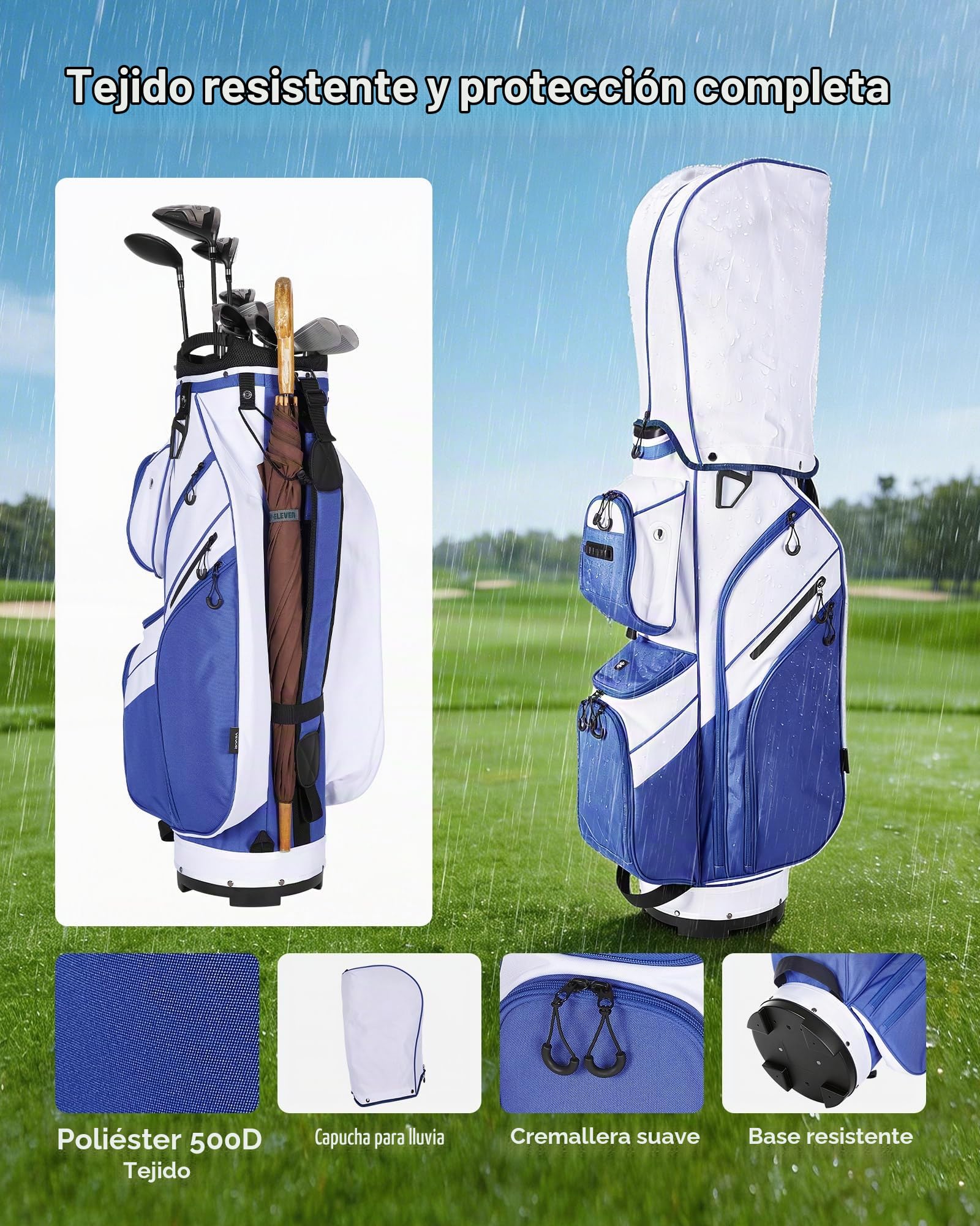 VEVOR Bolsa de Carro para Palos de Golf 15 Compartimentos, 10 Bolsillos, Bolsa para Carrito de Golf de Poliéster, con Correa para Hombro, Cubierta para Lluvia, Cremalleras Suaves, para Adultos
