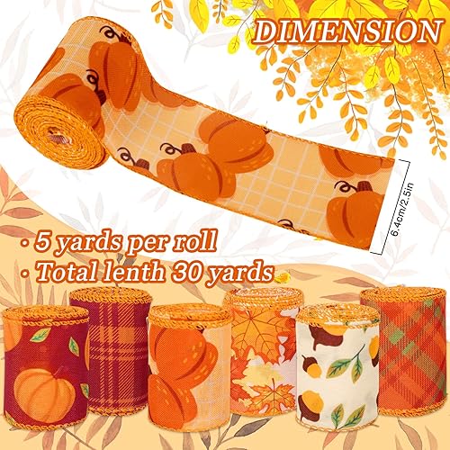 Miniatura 2 de Whaline 6 rollos de cinta de otoño de 30 yardas con borde con alambre de otoño, a cuadros, calabaza, arce, cinta de envoltura de Acción de Gracias,