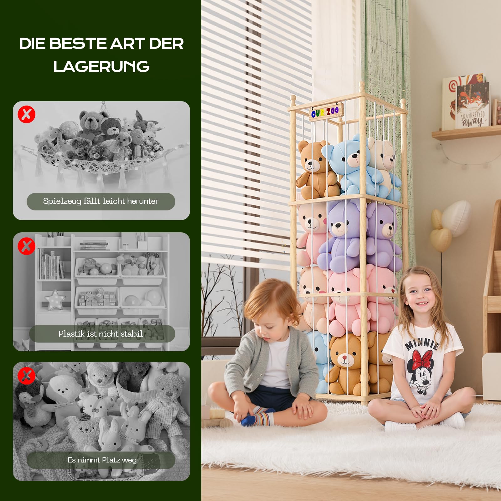 Holz Kuscheltier Aufbewahrung, Ahatstor Stofftier Aufbewahrung Stabil & Langlebig, Platz Sparen Stuffed Animal Storage für Spielzimmer, Kinderzimmer, Schlafzimmer, Wohnzimmer