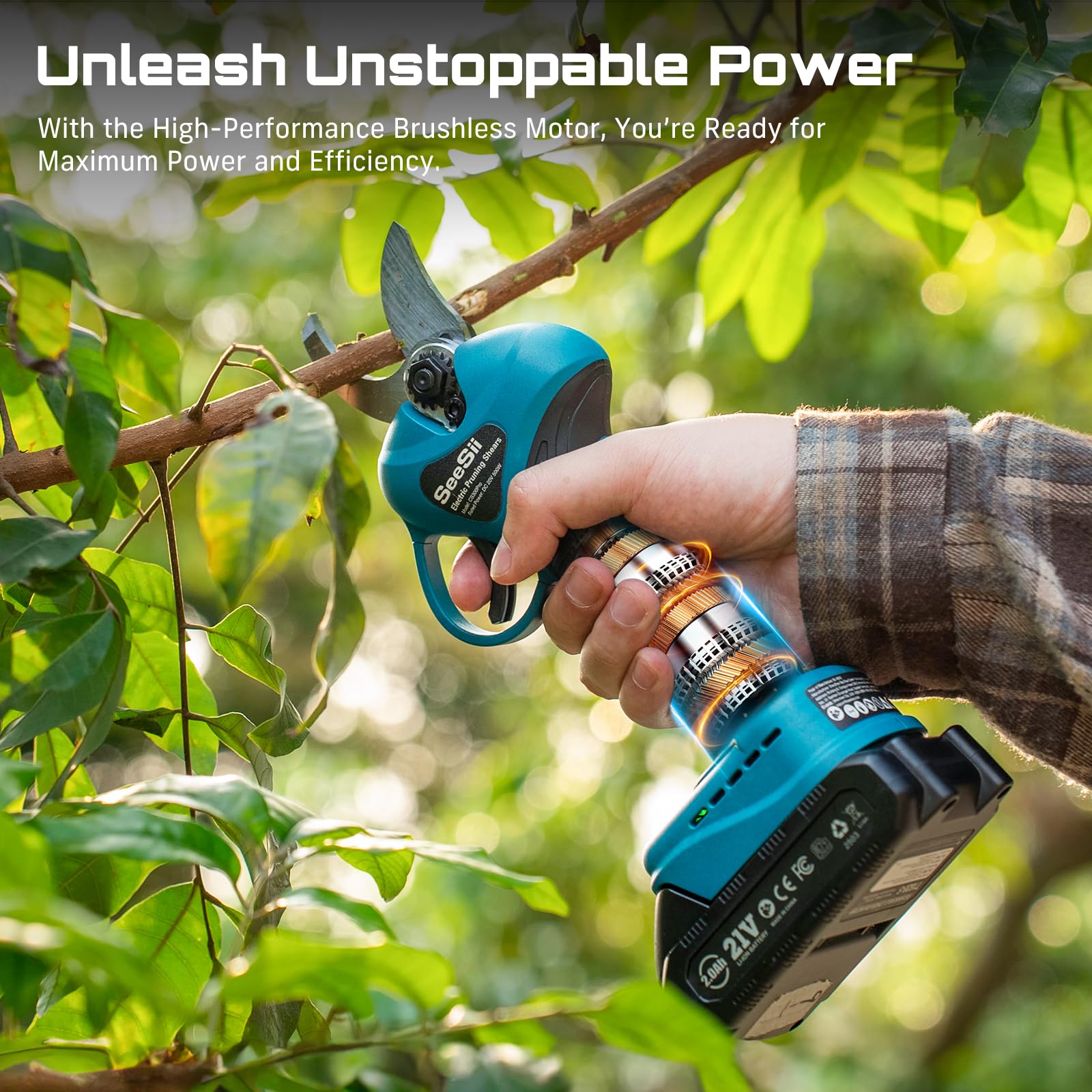 Seesii Tijeras de Podar Eléctricas con Batería, 2 in 1 Seesii 33 mm Podadora Telescópica con 2.4M Pértiga de Extensión, 2x2000mAh Batería, Podadora de Jardín Eléctrica para Jardineria, Olivos