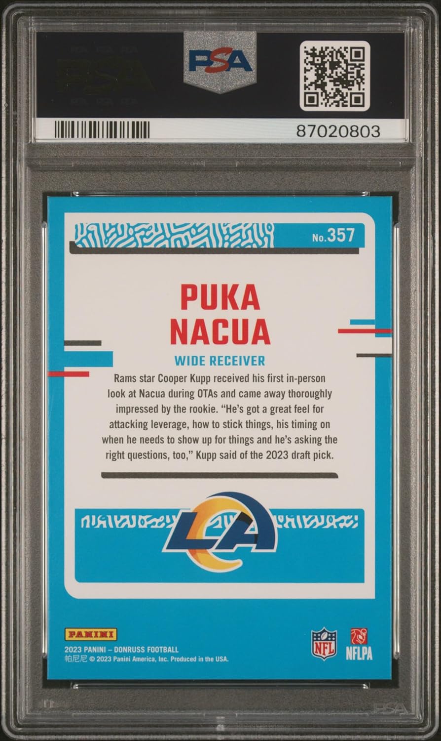 Puka Nacua PSA 10 2023 Donruss Football #357 Los Angeles Rams Rookie Card Los Angeles Rams