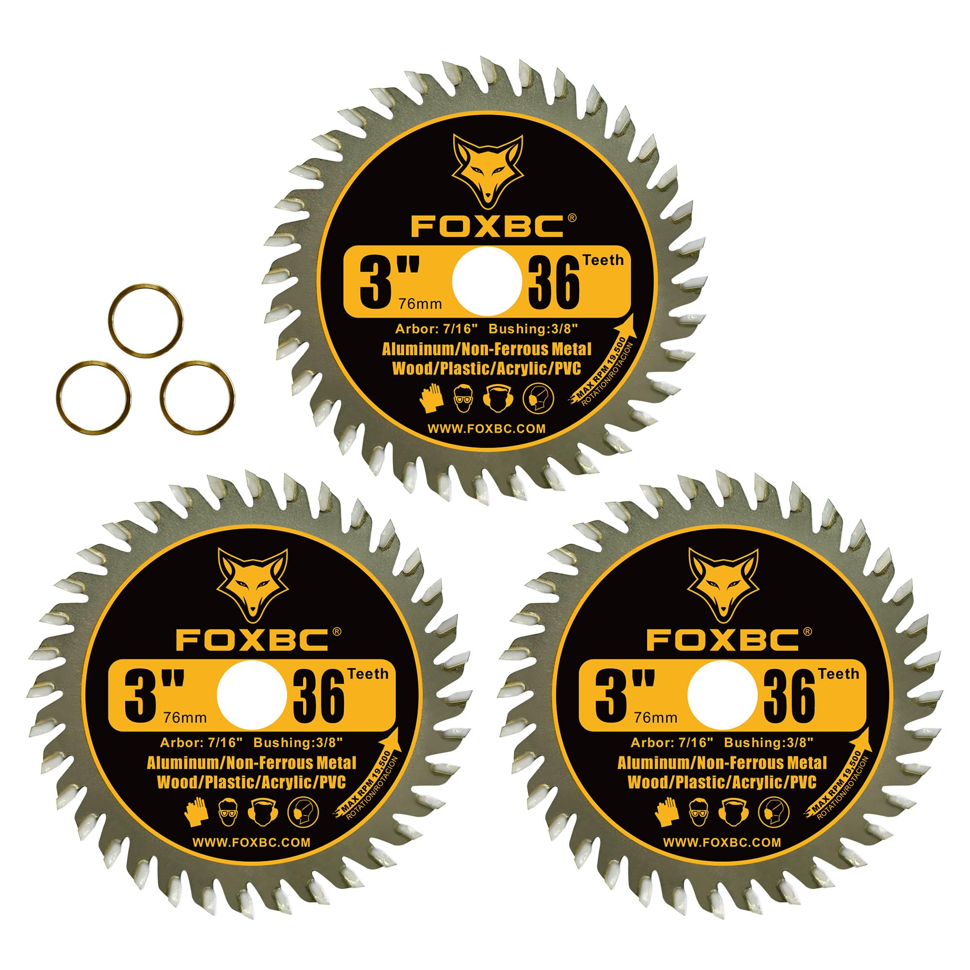 FOXBC 3 Inch Carbide Circular Saw Blade 36 Tooth for Wood, Plastic, PVC, Acrylic, Aluminum with 7/16" Arbor, 3/8" Bushing - 3 Pack