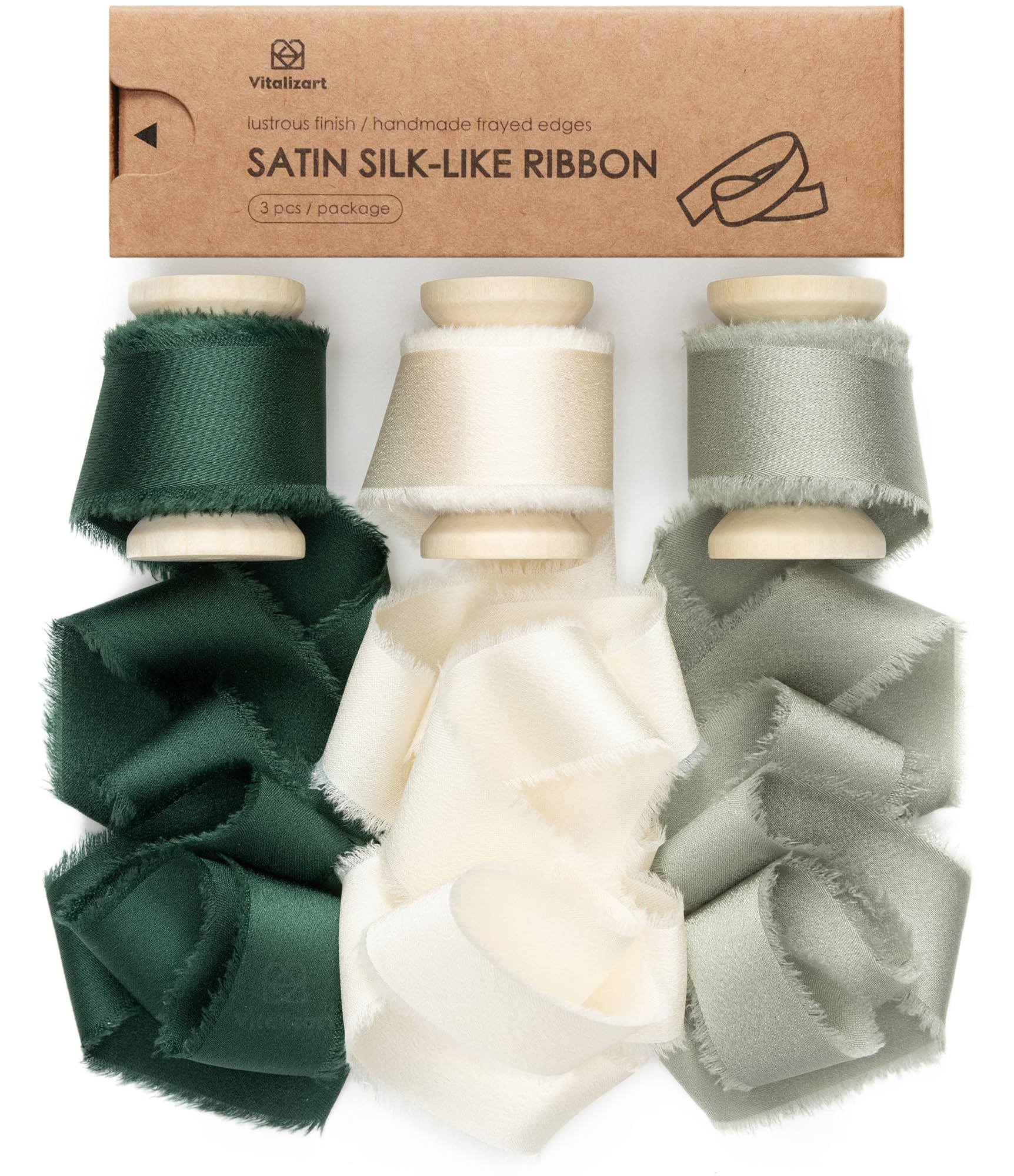 Vitalizart Silk Satin Ribbon 1" x 15 Yds Wooden Spool Green &amp; Ivory