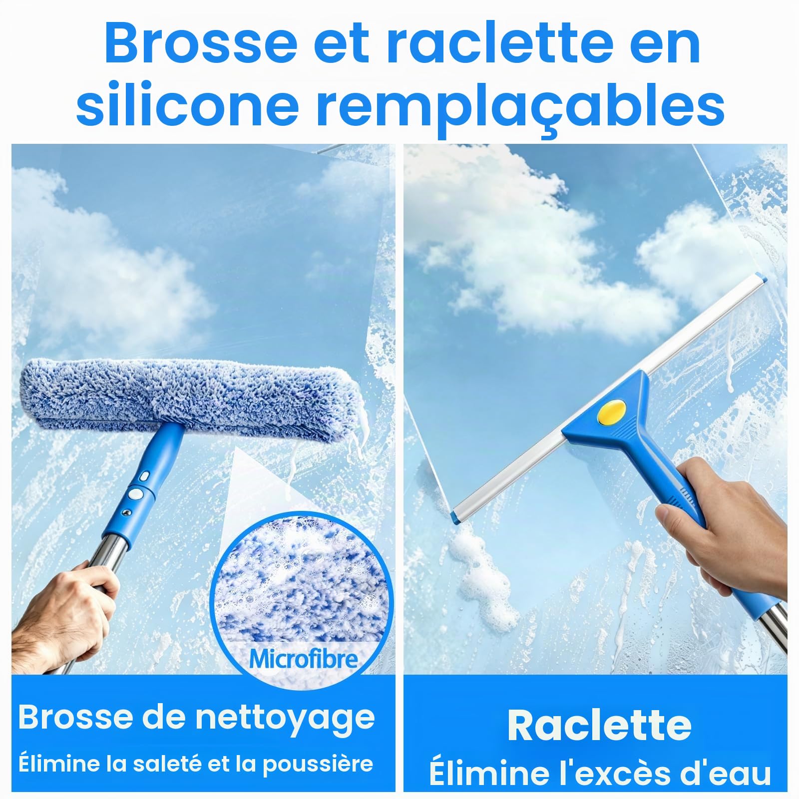 ddLUCK Kit Nettoyage vitre Professionnel avec Seau pour Hauteur Lavage | Outil de Nettoyage avec Manche de 2M, Raclette en Silicone, 2Pcs Chiffon Nettoyage Microfibre, Flacon Pulvérisateur, Chiffon