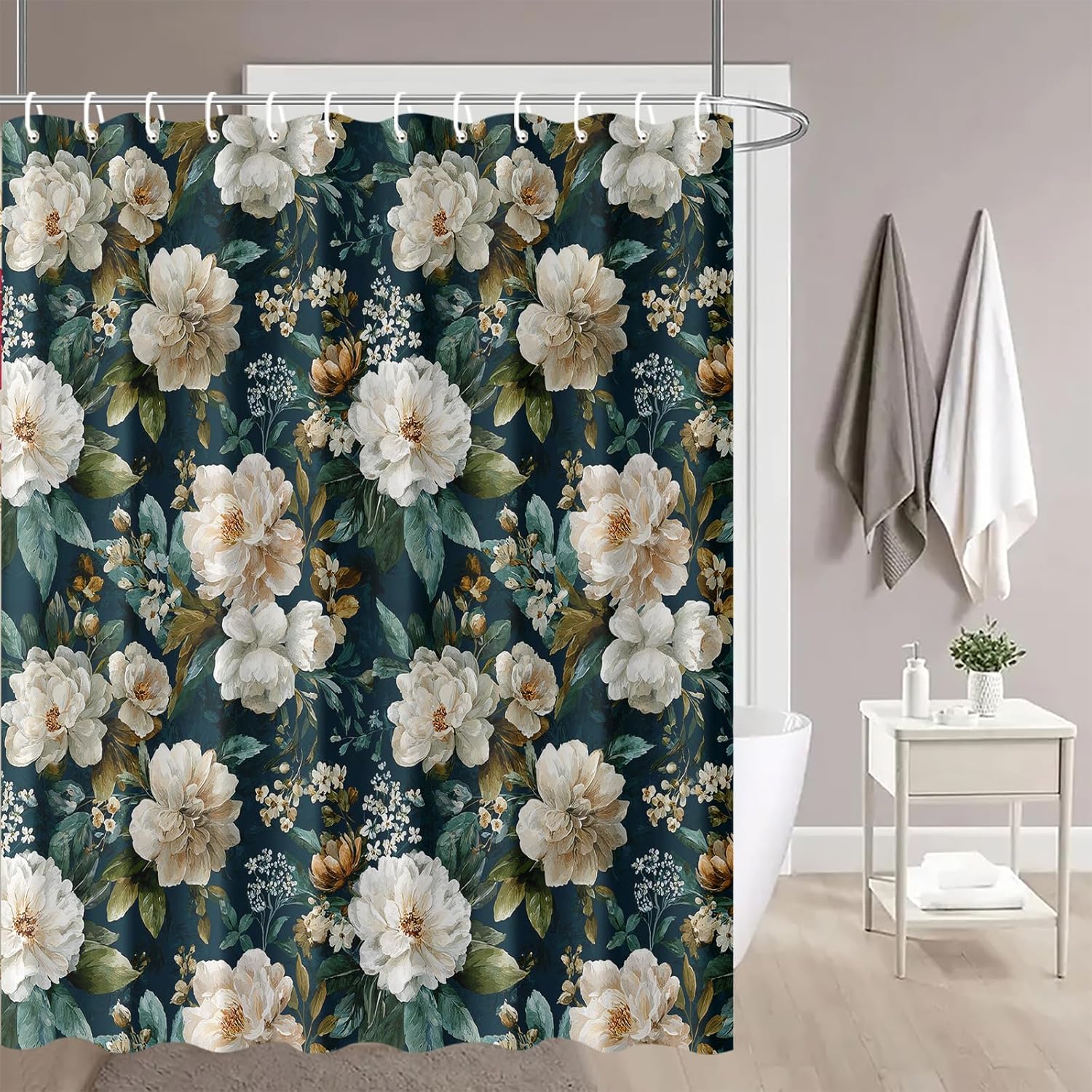 Vintage Floral Shower Curtain 72x72 Inch Dark Blue Background Bathroom Curtain with Cream Flower Print Fabric for Classic Elegant Decor