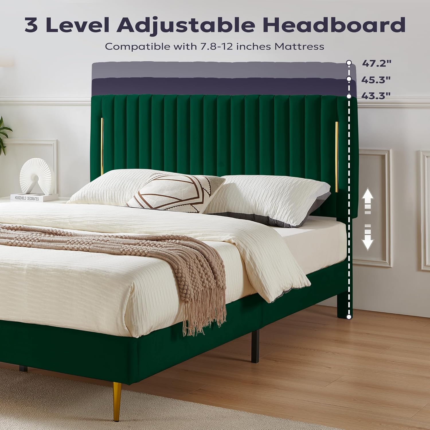 Furnify Full Platform Bed Frame, Velvet Upholstered Bedframe with Vertical Channel Adjustable Headboard, Golden Plating Trim, Mattress Foundation with Wooden Slats, No Box Spring Needed, Green