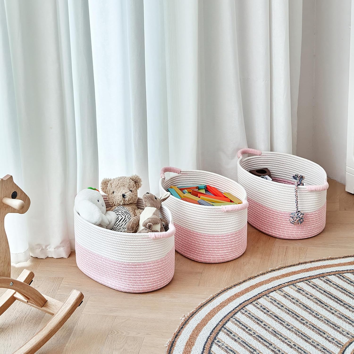 R RUNKA Storage Baskets for Organizing | 15"x10.2"x9.1" - 1 Pack Nursery Bin with Handles - Woven Cotton Rope Baskets for Dog Toys, Books, Shelf, Bathroom,Closet -Pink Basket for Girls