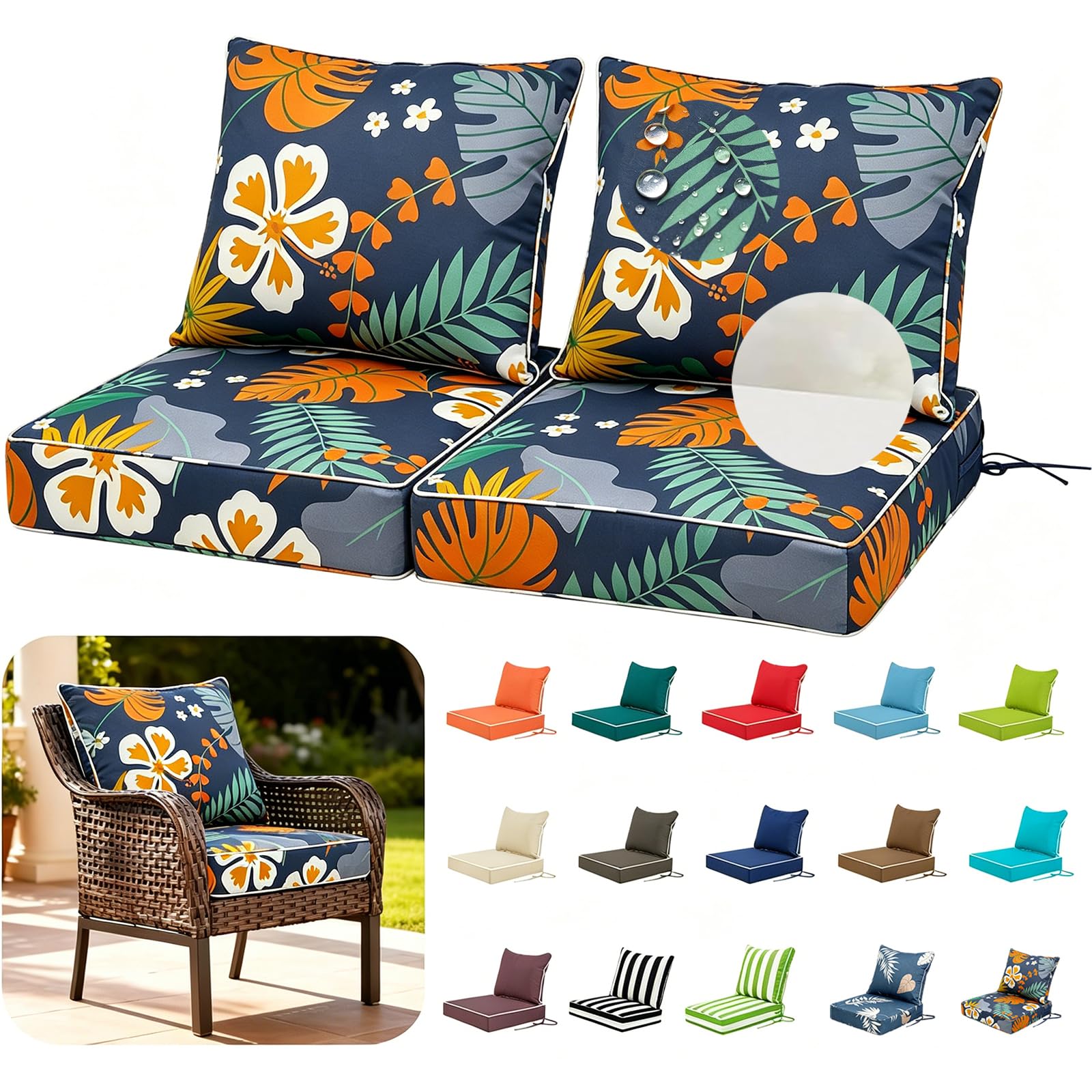 Outdoor cushion for garden furniture, water-repellent chair cushion set of 2, chair cushions with ties and for indoor and outdoor use, chair cushion, patio chair seat cushion (flowers, 48 x 48 x 10 cm
