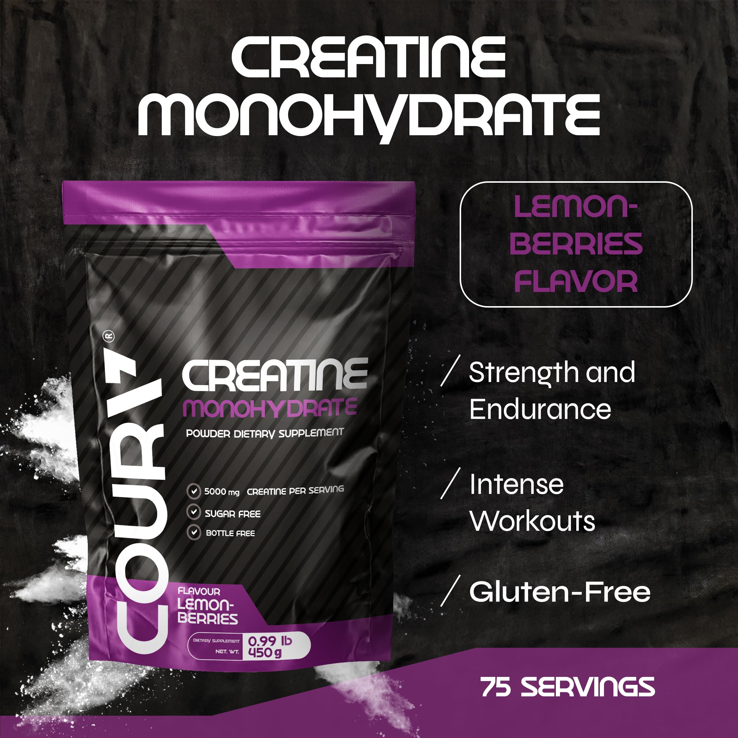 COURA Creatine Monohydrate Lemon-Berries Flavor - 450g - Sports Supplement - Strength and Endurance - Ideal for Intense Workouts - Gluten Free - Bottle Free