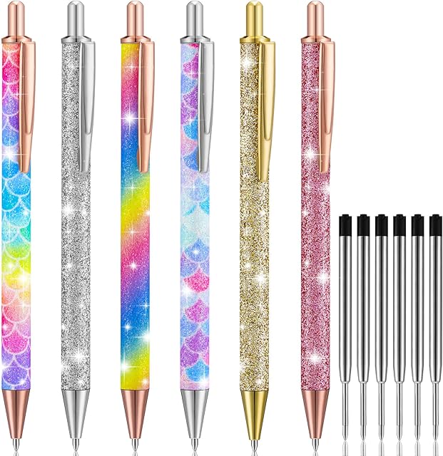12Pcs Rainbow Metal Ballpoint Pen Set, 6Pcs 1.0 mm Click Retractable Ballpoint Pens Metal Pens with 6Pcs Replacement Refills, Black Ink Medium Point Gift Pens for Men, Women, Students