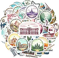 70 peças de marcos de viagem, turismo, arquitetura, arquitetura cultural, decalques adesivos de PVC ilustrativos para telefone faça você mesmo, laptop, scrapbook, bicicleta, guitarra, laptop, capacete