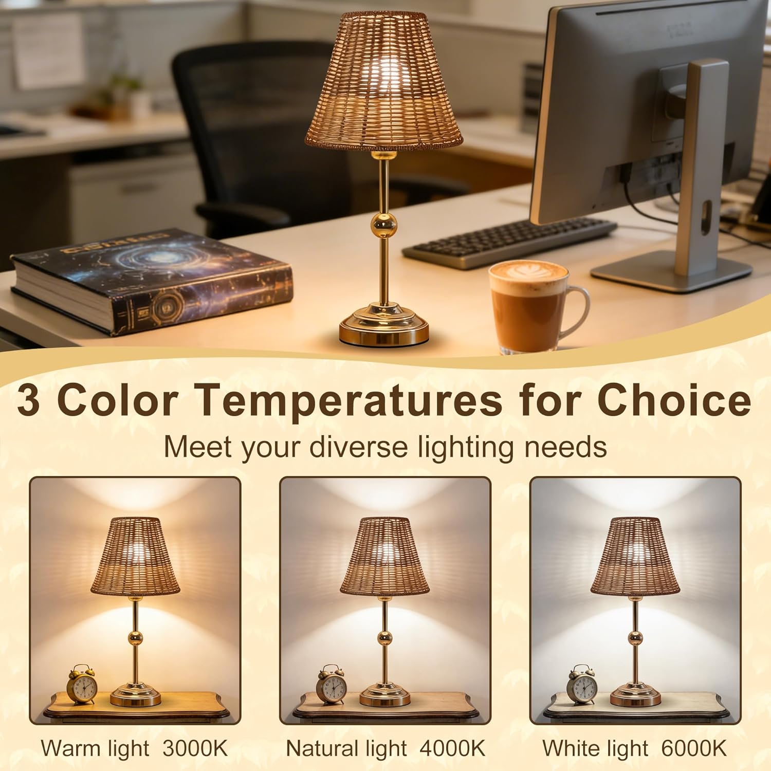 Rattan Table Lamp,LED Beside Lamps,Vintage Wicker Night Light,3 Way Color Temperature Reading Lights,Boho Desk Lamp for Bedroom Living Room Dining Home Decoration