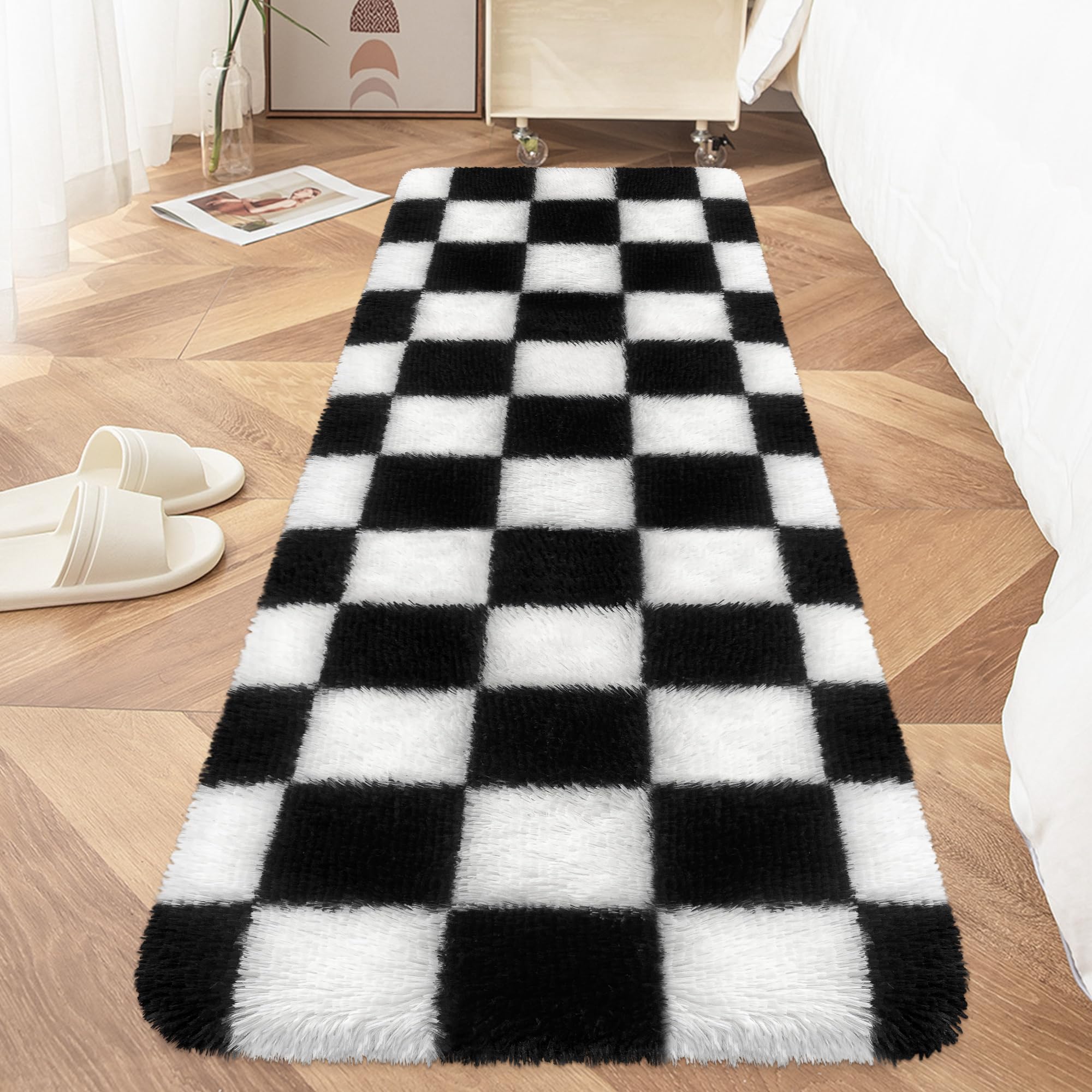 MondayRug Soft Fuzzy Fluffy Rug for Bedroom Living Room Black and White Checkered Rug Shag Runner 2x6 Ft Hallway Runner Plush Shaggy Carpet Non Slip