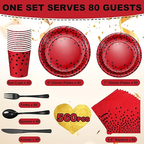 Miniatura 2 de Sieral 560 piezas de suministros de fiesta rojos y negros para 80 invitados, juego de vajilla desechable, platos de papel, servilletas, vasos,