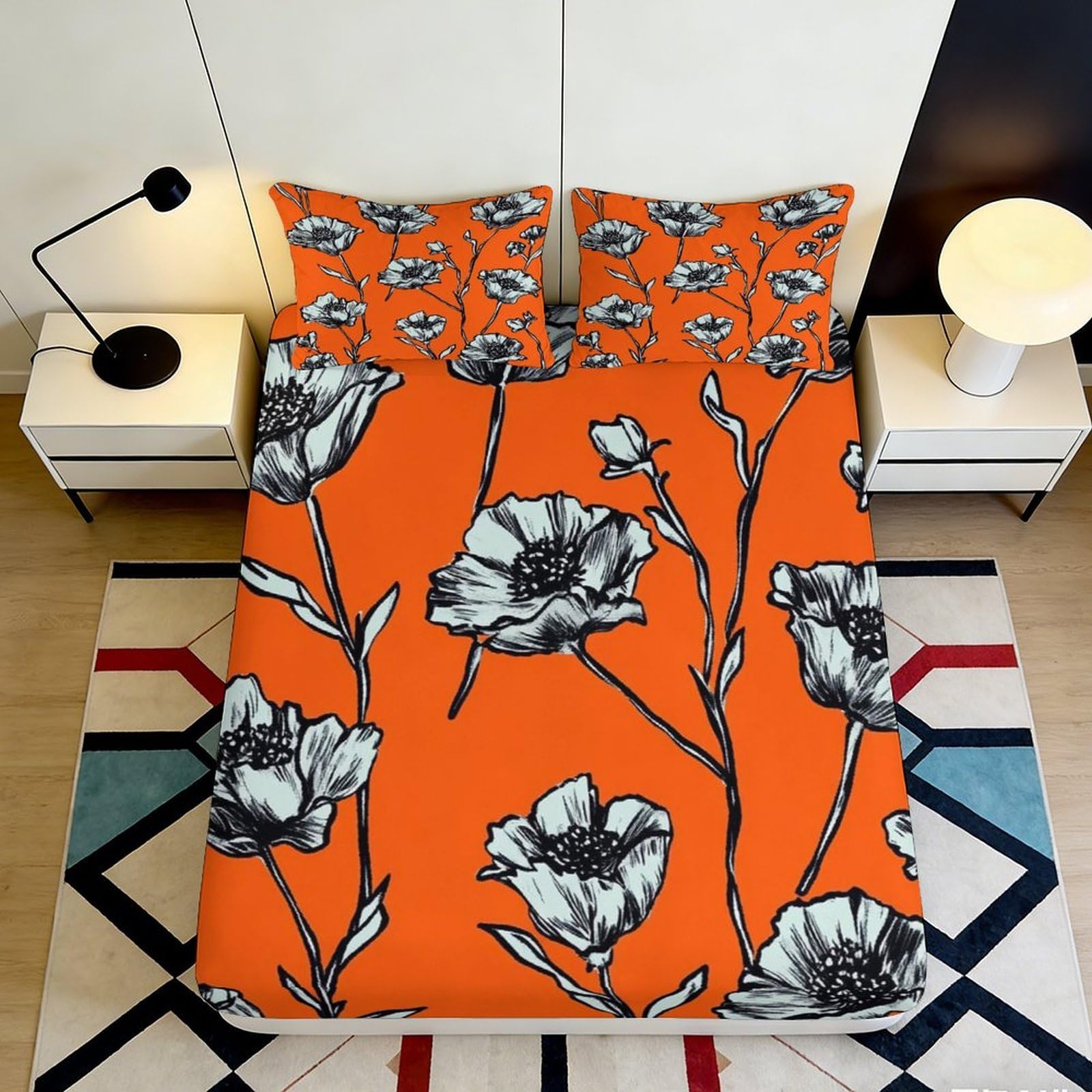 3D Printed Orange Floral Fitted Sheet Microfiber Soft Breathable Black White Poppy Mattress Cover for Bedroom Dorm Mattress Protection Decor 180x200x25cm