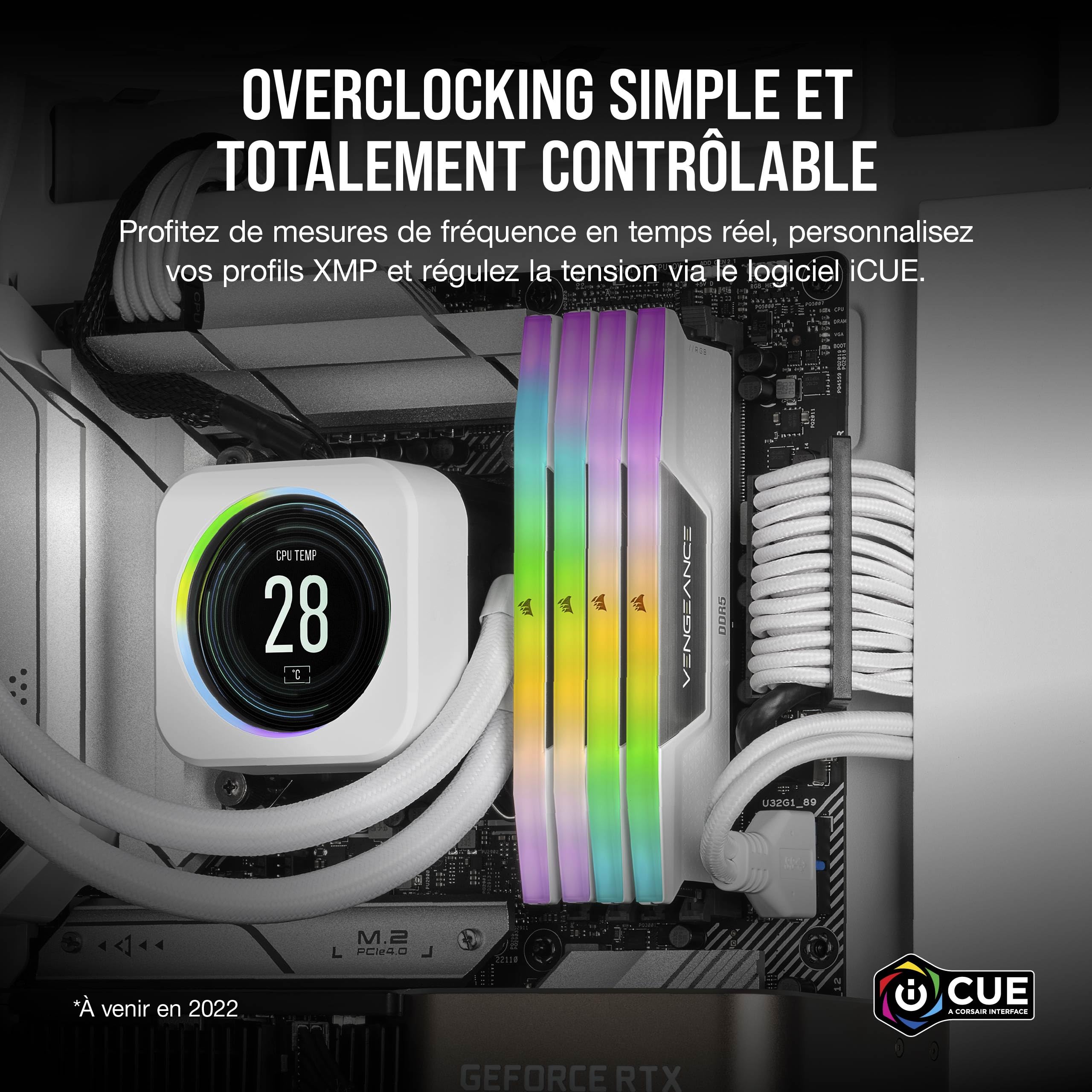 CORSAIR Vengeance RGB DDR5 RAM 32Go (2x16Go) Jusqu'à 6000MHz CL36 Intel XMP Mémoire Informatique Compatible iCUE - Blanc (CMH32GX5M2E6000C36W)