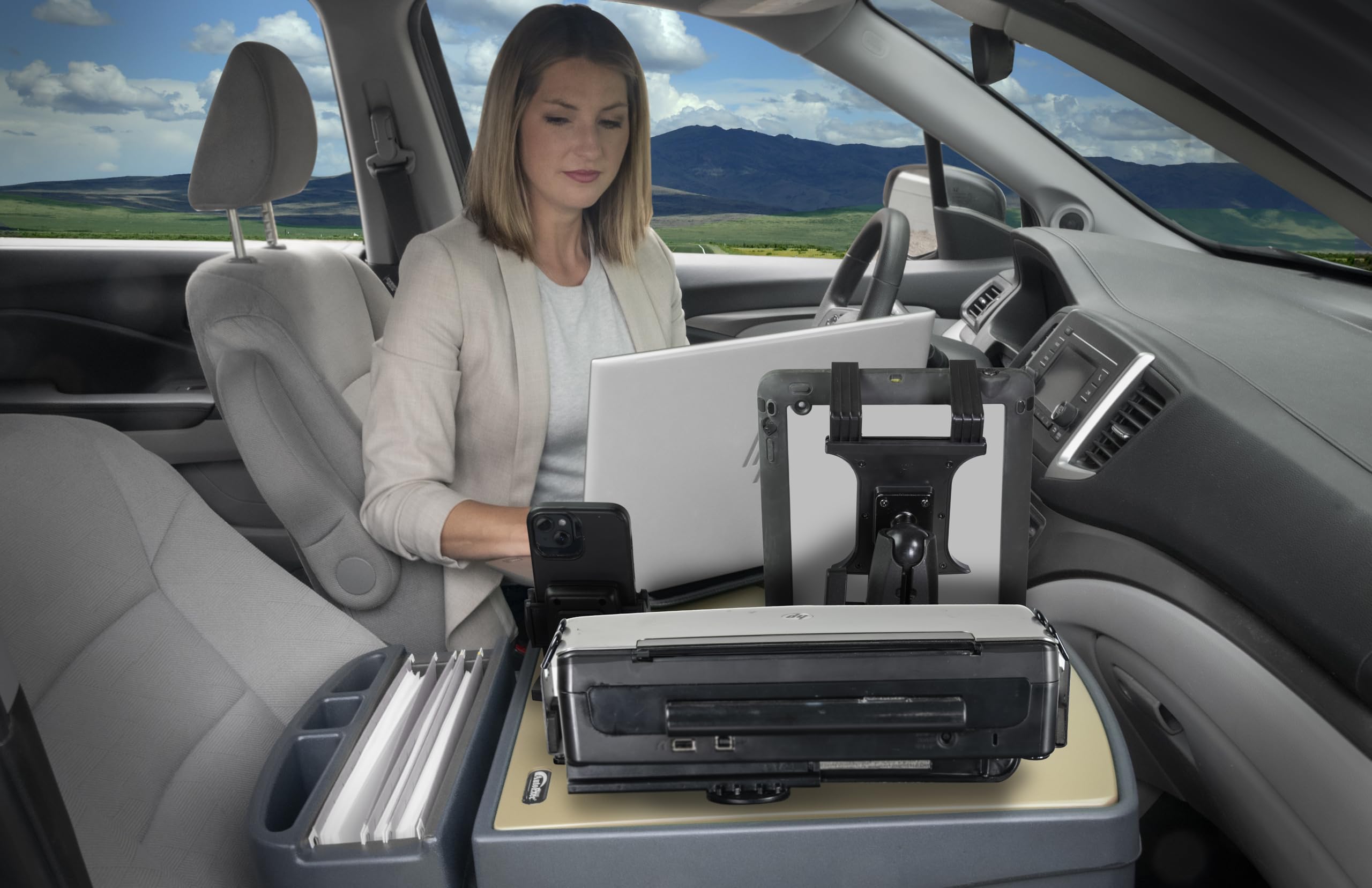 AutoExec Roadmaster - Scrivania da Auto per postazione di Lavoro e Ufficio Mobile, Modello Mojave, con invertitore di Potenza da 400 Watt, Supporto per Telefono, Supporto Tablet e Supporto per