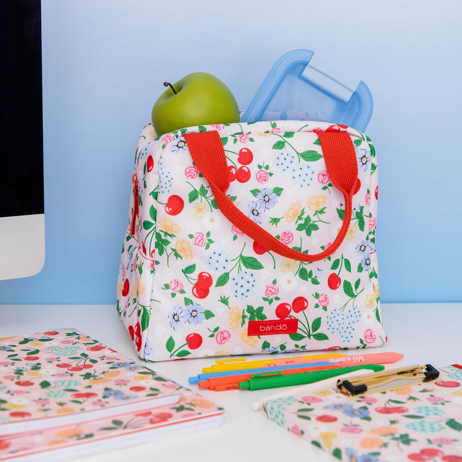 ban.do Cooler Lunch Bag for Adults, Insulated Bag with Zipper & Pocket, Soft Sided Lunch Tote, Cute Portable Lunch Bag, Flowers and Fruit