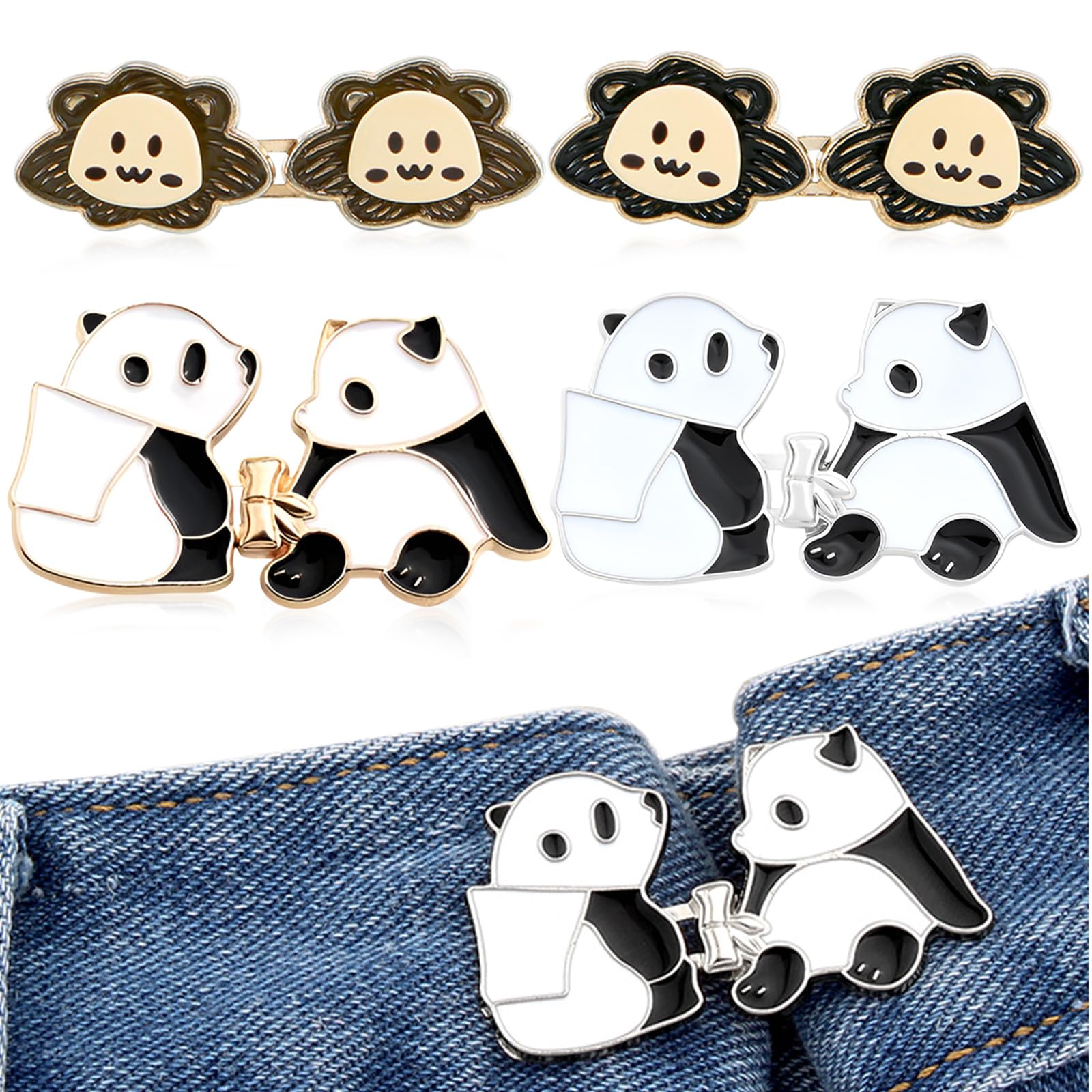 4 Sets Instant Pant Waist Tightener, Panda Lion Button Pin,Tool-Free Adjustable Loose Jeans Waist Buckle for Women Men Kids