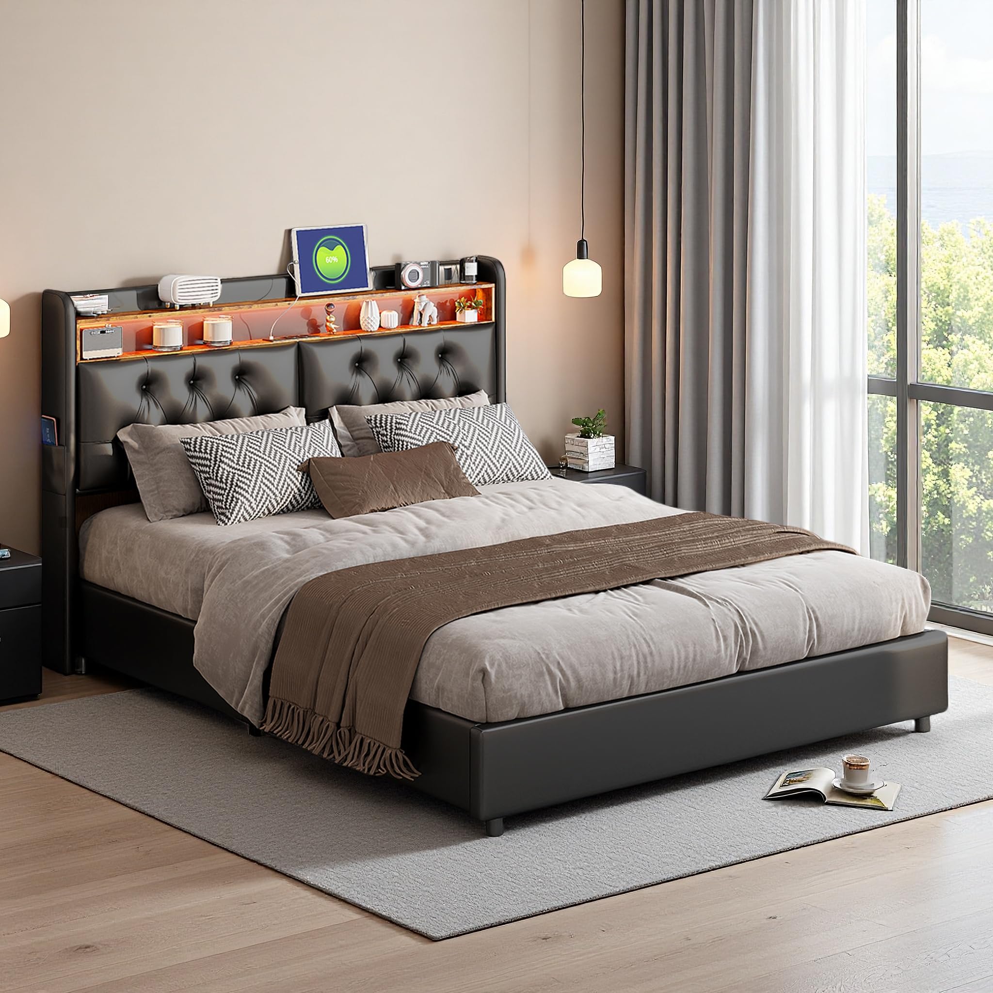 Cama tapizada hidráulica para cama doble de 180 x 200 cm, cama juvenil LED con somier y espacio de almacenamiento, cama funcional, cabecero con función de carga USB tipo C, PU, sin colchón, color