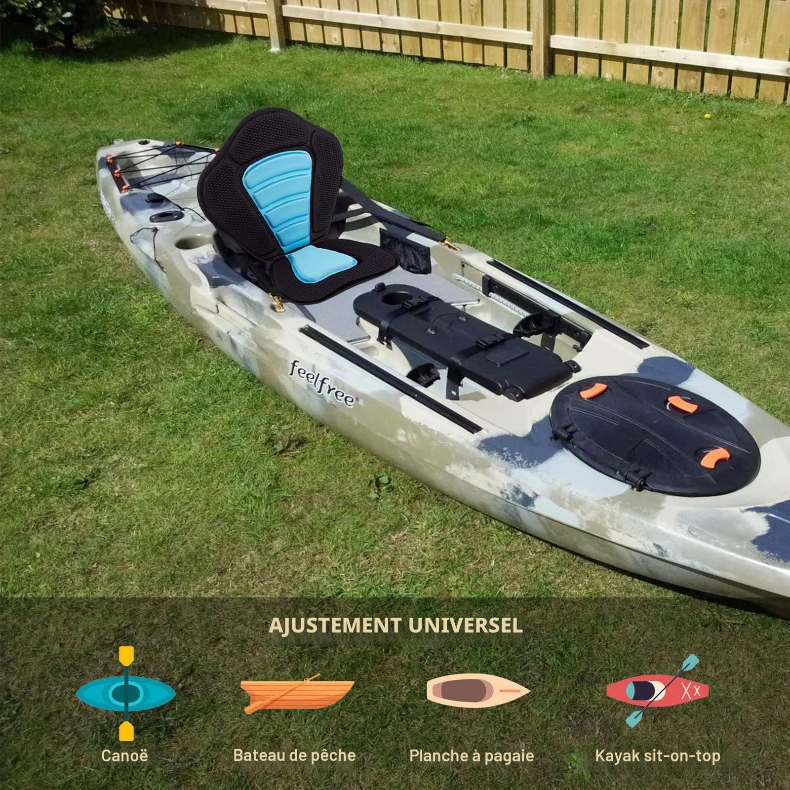 CAMULAND Siège de kayak, accessoires de kayak, siège de canoë avec support de dossier réglable siège universel, pour le kayak, la pêche et le rafting