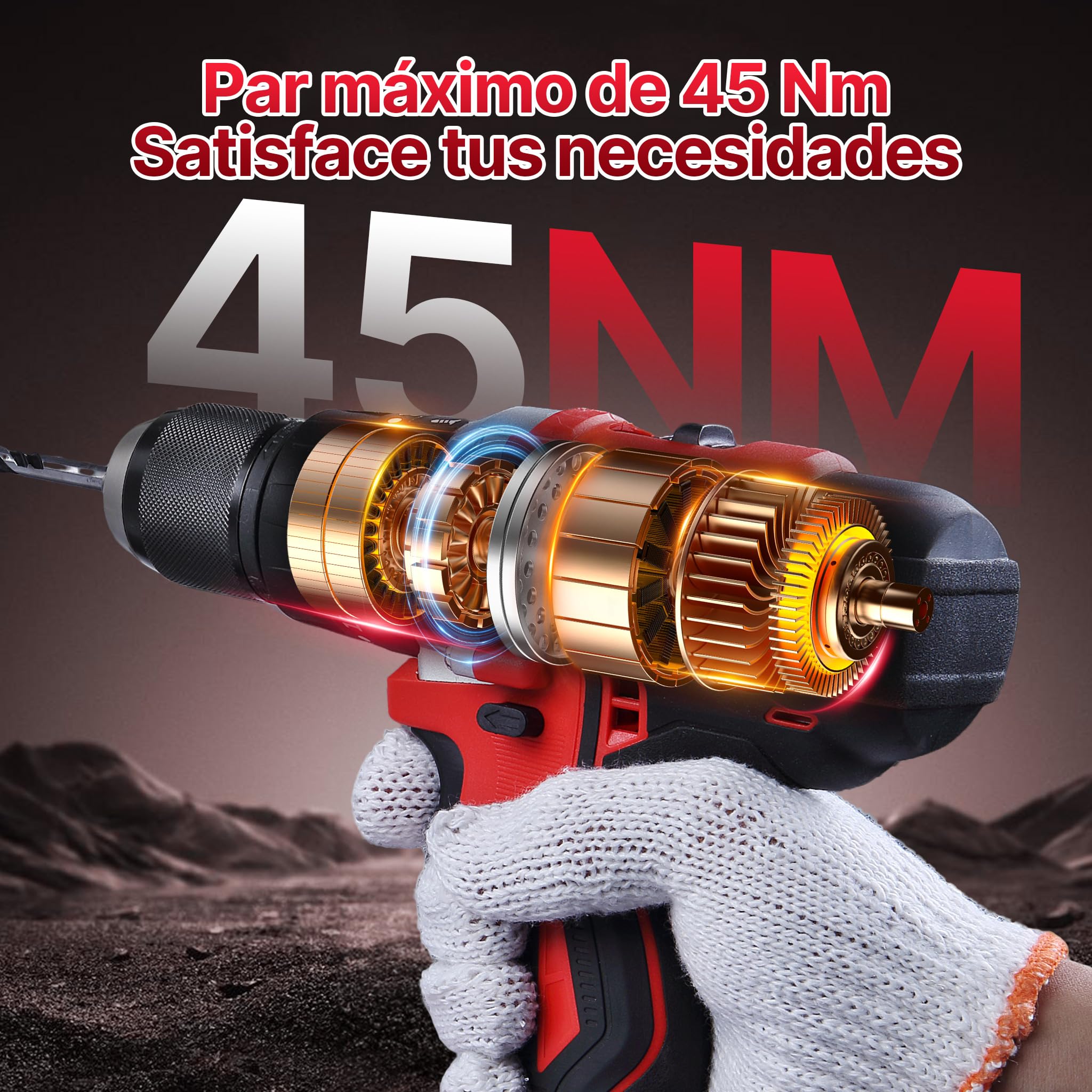 TEENO Cordless Drill Driver 2 x 2.0 Ah Batteries, Screwdriver 45 Nm Hammer Drill, 25 + 3 Torque Settings, 69 Accessories + Case, LED, DIY