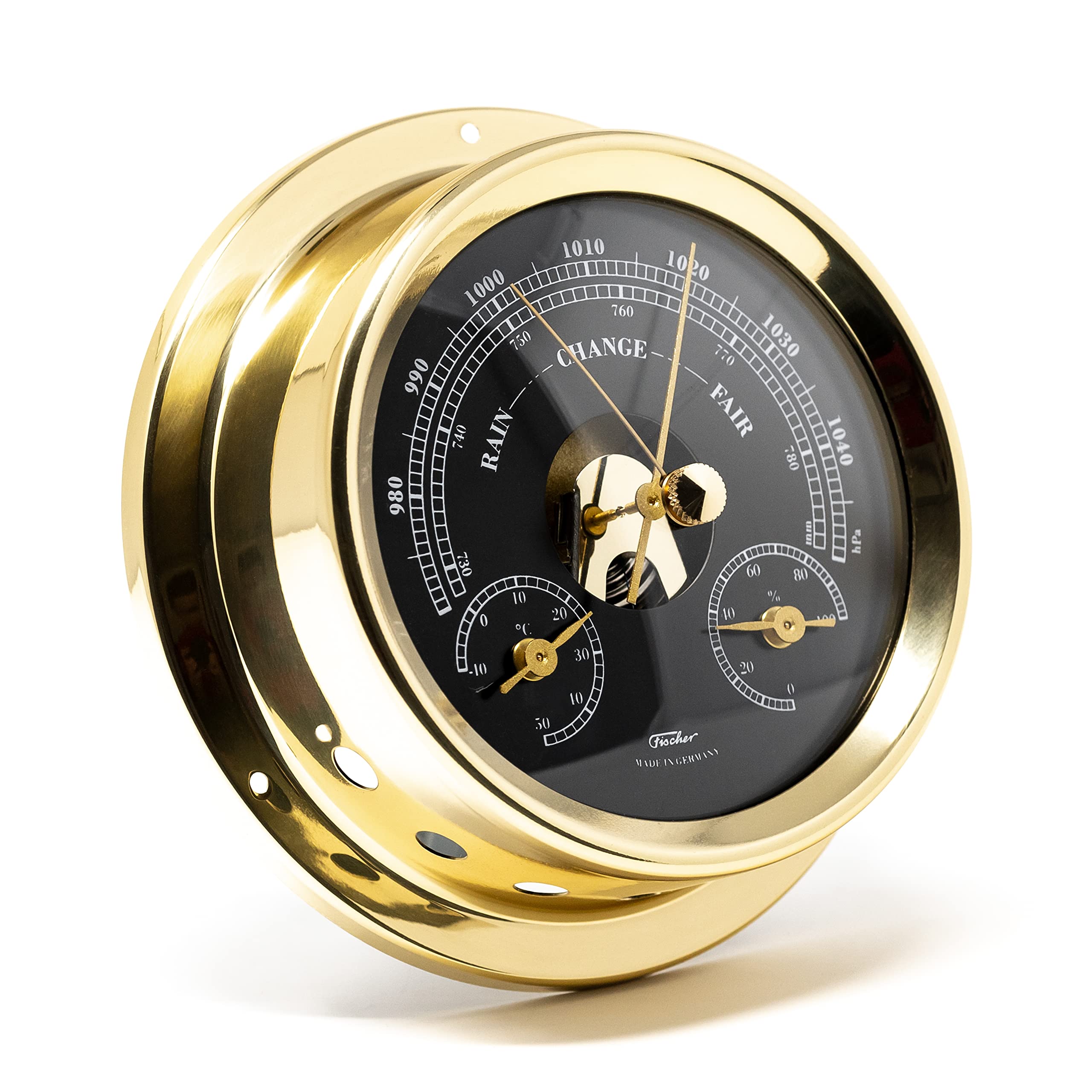 Fischer 1508BTH-45.6 - Stazione meteorologica, ottone, Barometro marittimo con meccanismo a vista, abbinato a termometro e igrometro