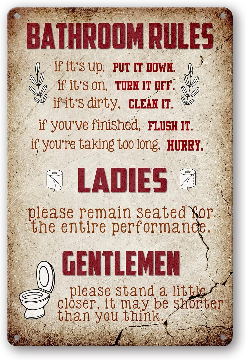 SMAZDFXX Funny Bathroom Rules Metal Tin Sign Wall Decor - Farmhouse Bathroom Quote Wall Decor for Toilet Restroom Washroom Humour Warning Sign Adult Home Decor 12"x16"