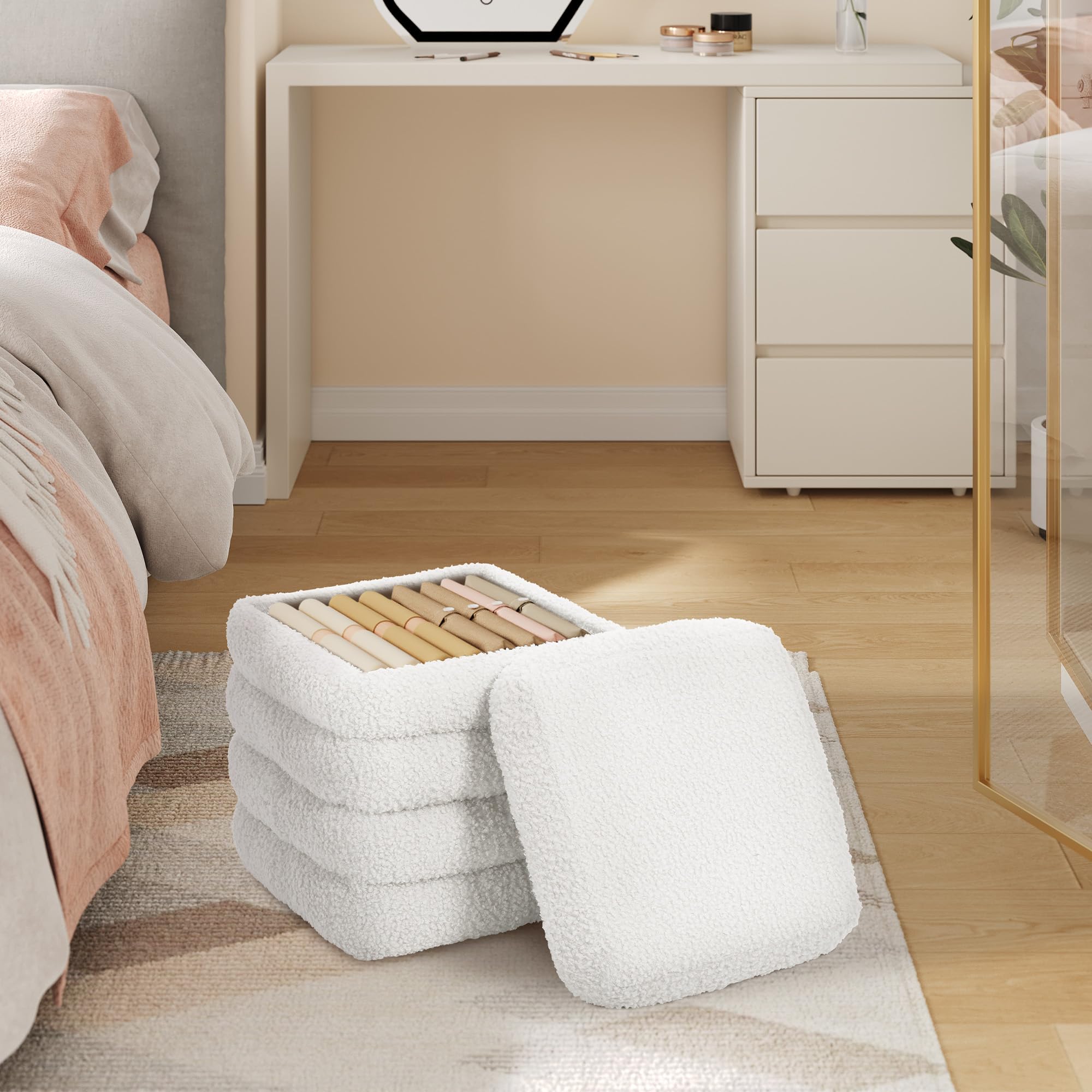 Tabouret De Rangement Pliant Cube Avec Couvercle 36 Cm Bambou Gris