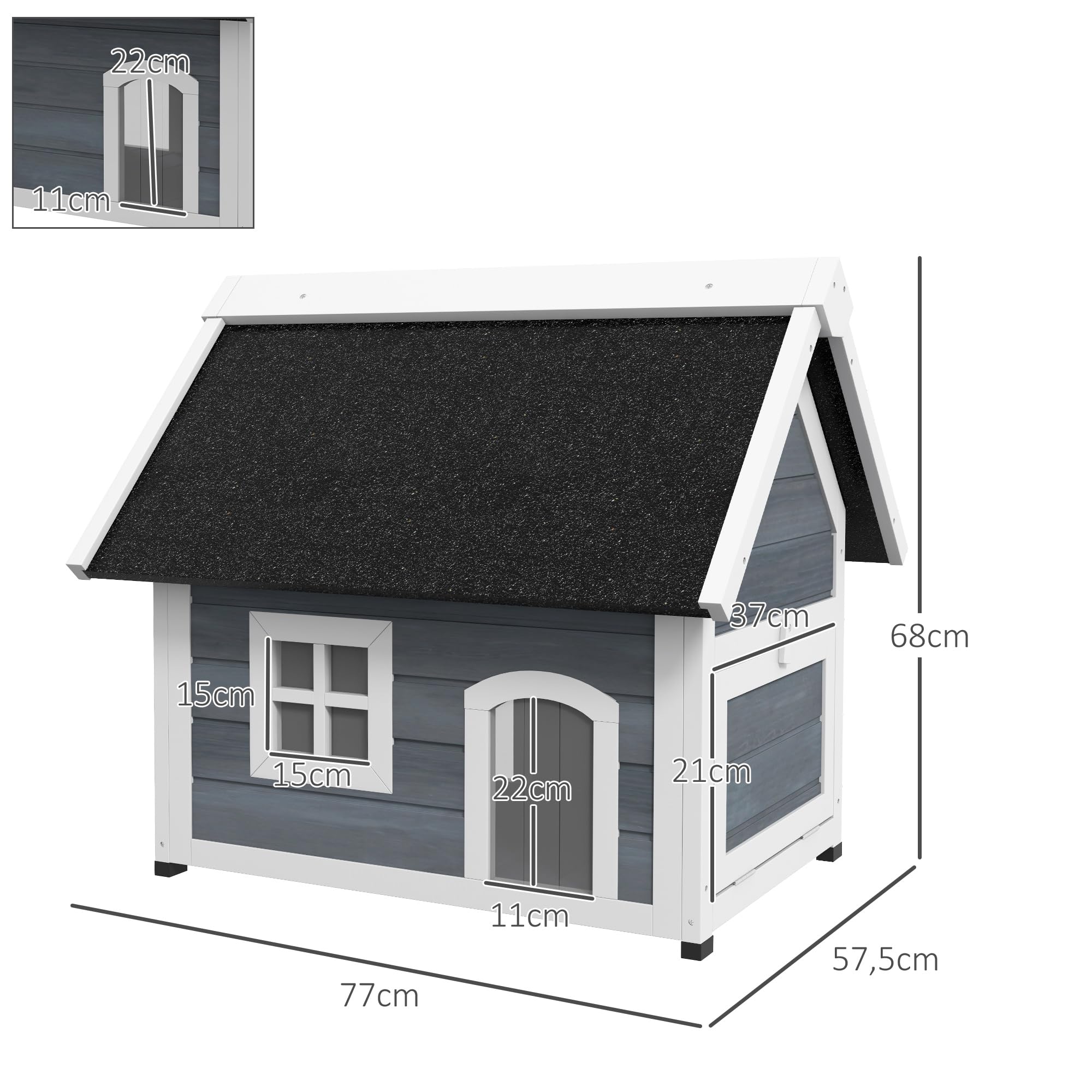 PawHut Casa para Gatos de Madera con Techo Asfáltico Abatible, Ventana y Puertas con Cortina, 77x57,5x68 cm Gris y Negro