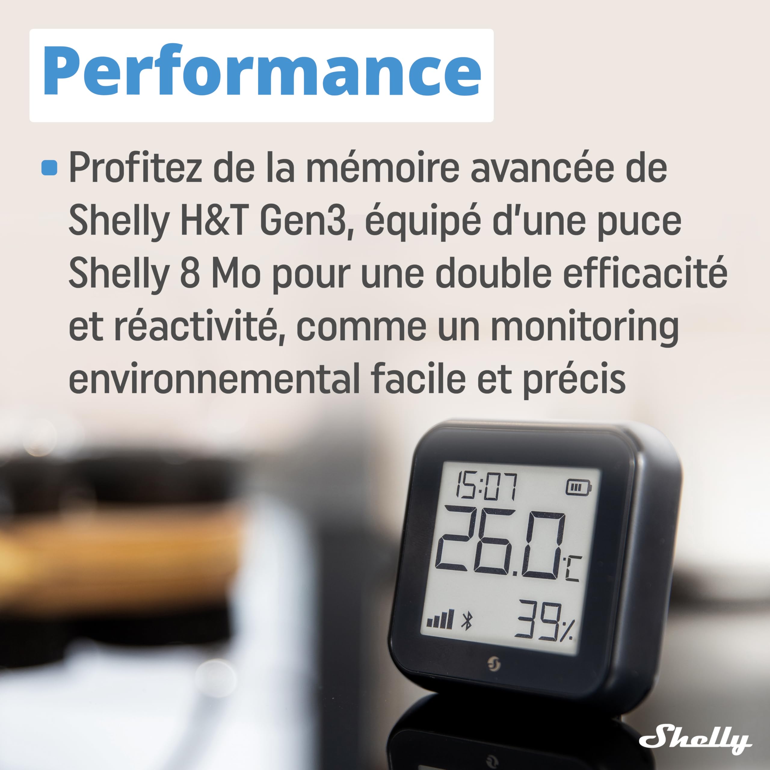Shelly H&T Gen3 Noir Capteur de température et d'humidité connecté Wi-Fi Thermomètre Hygromètre intérieur extérieur Écran eink Horloge digitale