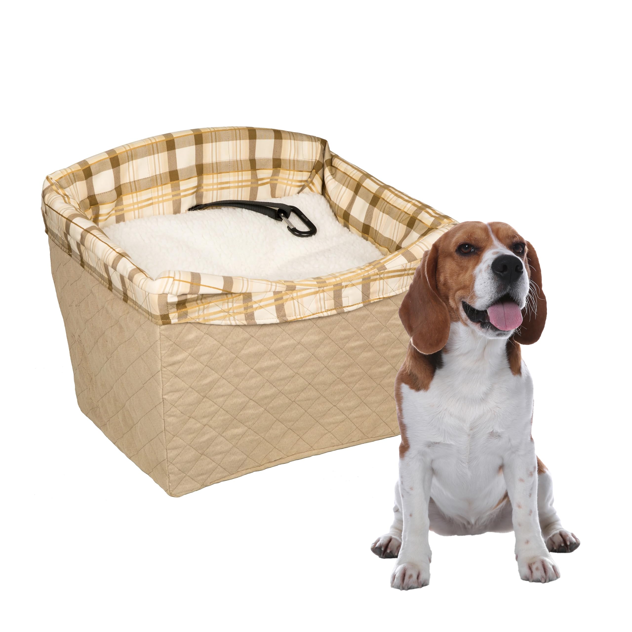 A Shetland Sheepdog sitting comfortably in the PetSafe Happy Ride Quilted Dog Safety Seat in a car.