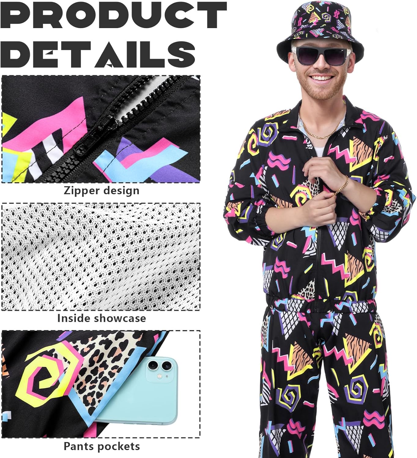 80s Tracksuit Costumes for Men 90s Hip Hop Shell Suit Costume 80s Retro Jacket Disco Costume 90s Windbreaker Set - Image 4