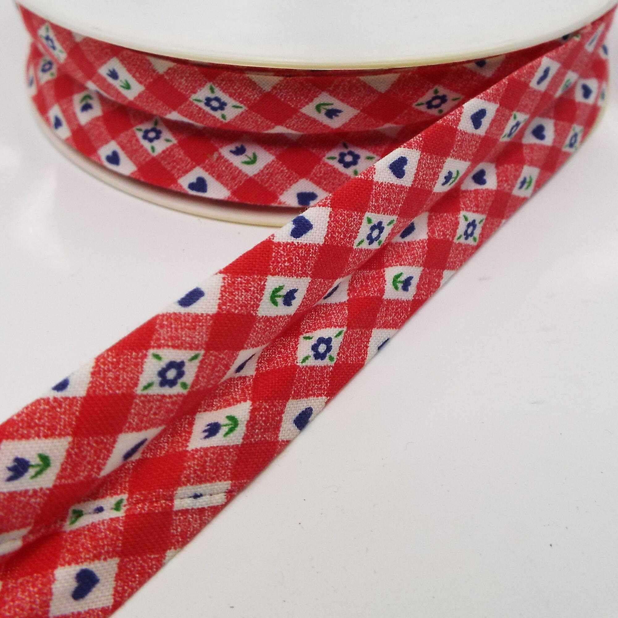 25mm Cotton Bias Binding Tartan Gingham Bunting 7 Design Buy 1 2 4 Metres 941D, 01754 Red Tartan Flower, 4 Metres