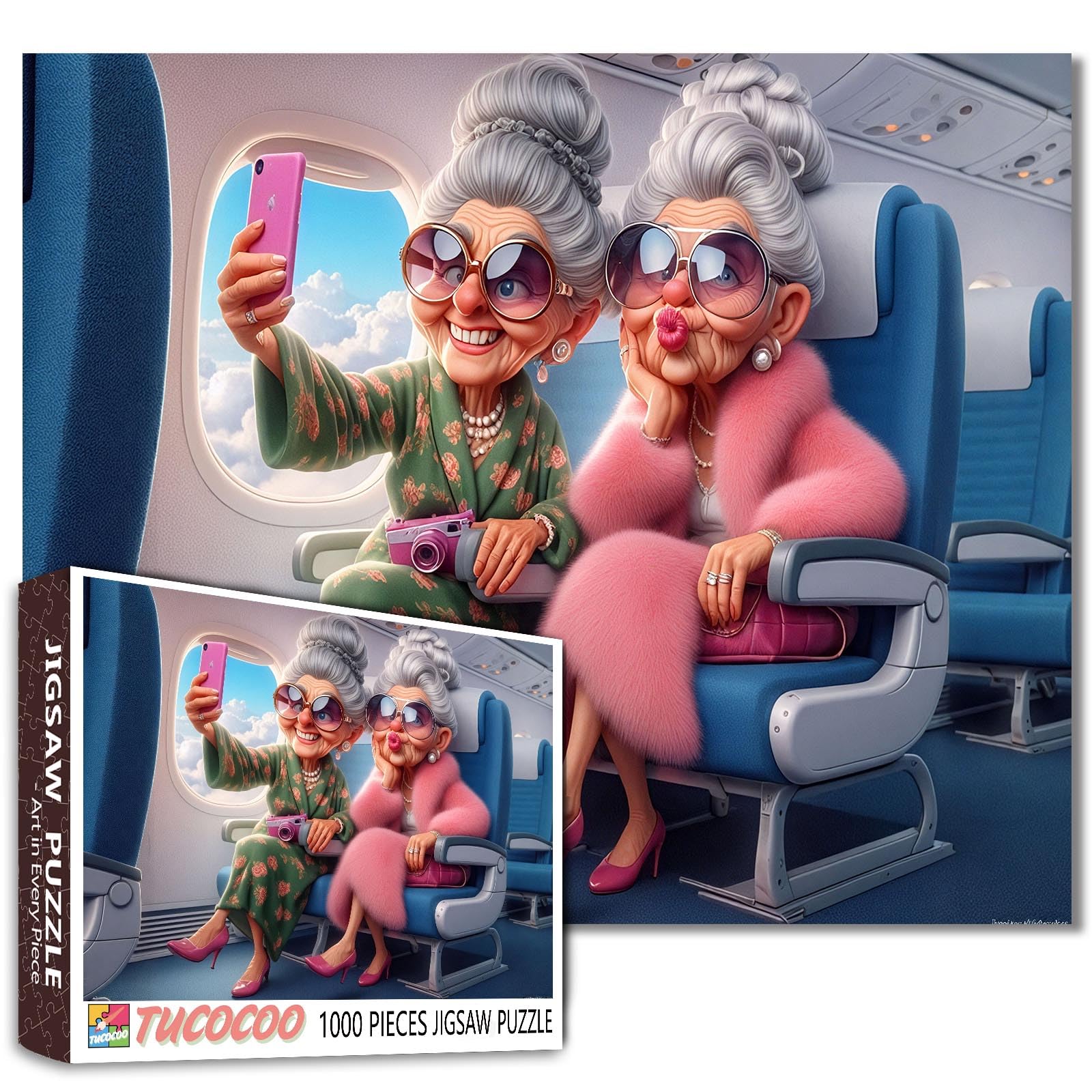 1000 Piece Jigsaw Puzzle Airplane Selfie 1000 Piece Jigsaw Puzzle Vintage Style Art Older Women Kitchen DIY Puzzles for Challenging Family Activity Games Elderly Lady Art Home Wall Decor Craft Gifts — image 1