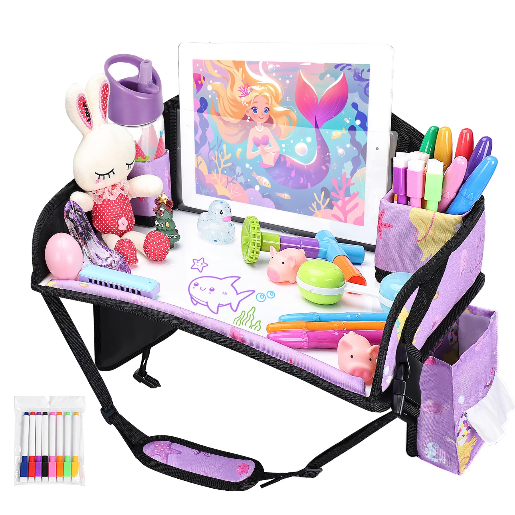 Kids Travel Tray for Toddler Car Seat, Road Trip Activities for Kid | Toddler Car Activities with iPad Holder Stand, Roadtrip Essentials with Dry Erase Board &amp; Cooler Cup Holder,Purple Mermaid