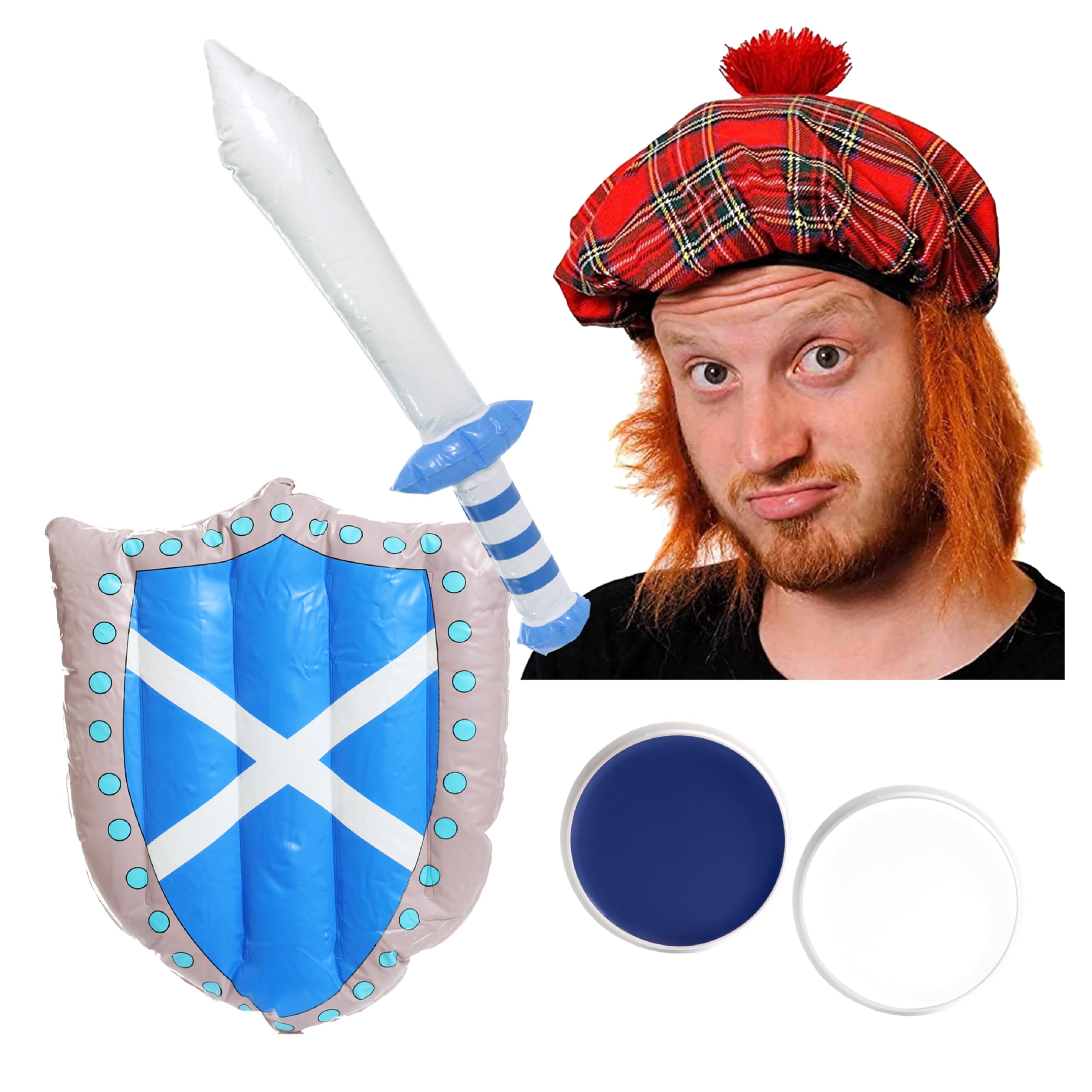 Inflatable Scottish Sword and Shield, Tam O' Shanter & Face Paint Set - Inflatable Sword & Shield, Tam O' Shanter Hat With Hair Attached, Blue and White Face Paint - Perfect for Scottish Celebrations