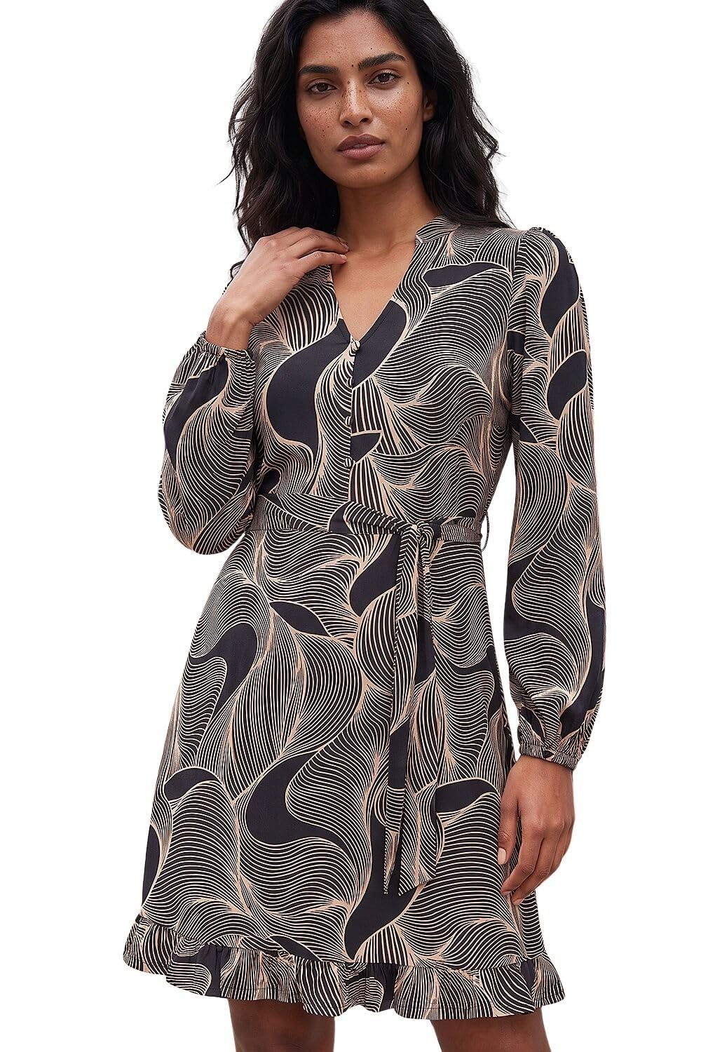Roman Originals Abstract Linear Print Stretch Dress for Women UK - Ladies Everyday Autumn Winter Round Neckline Comfy Soft Evening Vacation Work Party Night Out