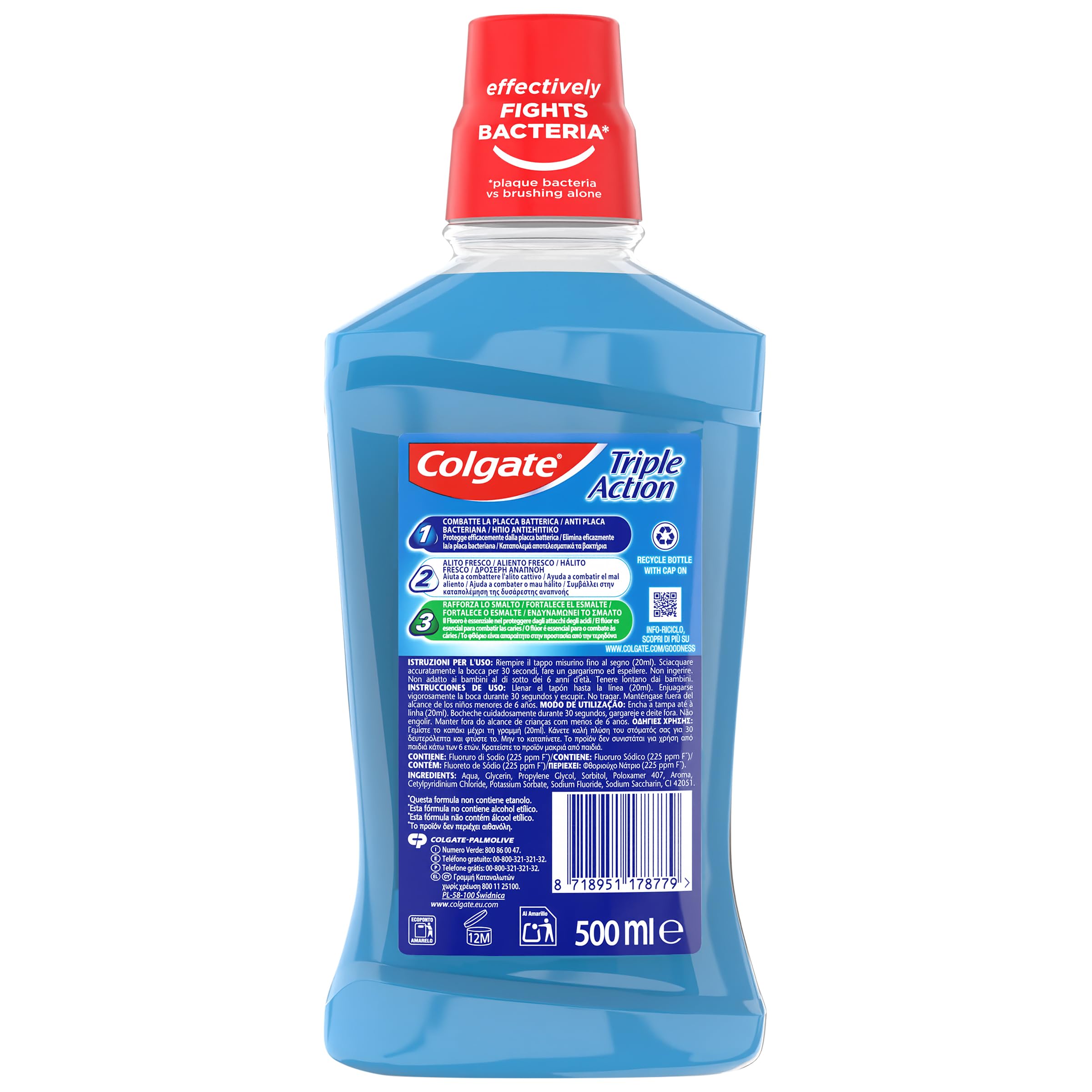 Colgate Triple Action, Enjuague Bucal Antibacteriano, Pack 12x500ml | Colutorio con flúor, Elimina placa bacteriana, Fortalece esmalte, Combate mal aliento, Anticaries, Higiene bucal