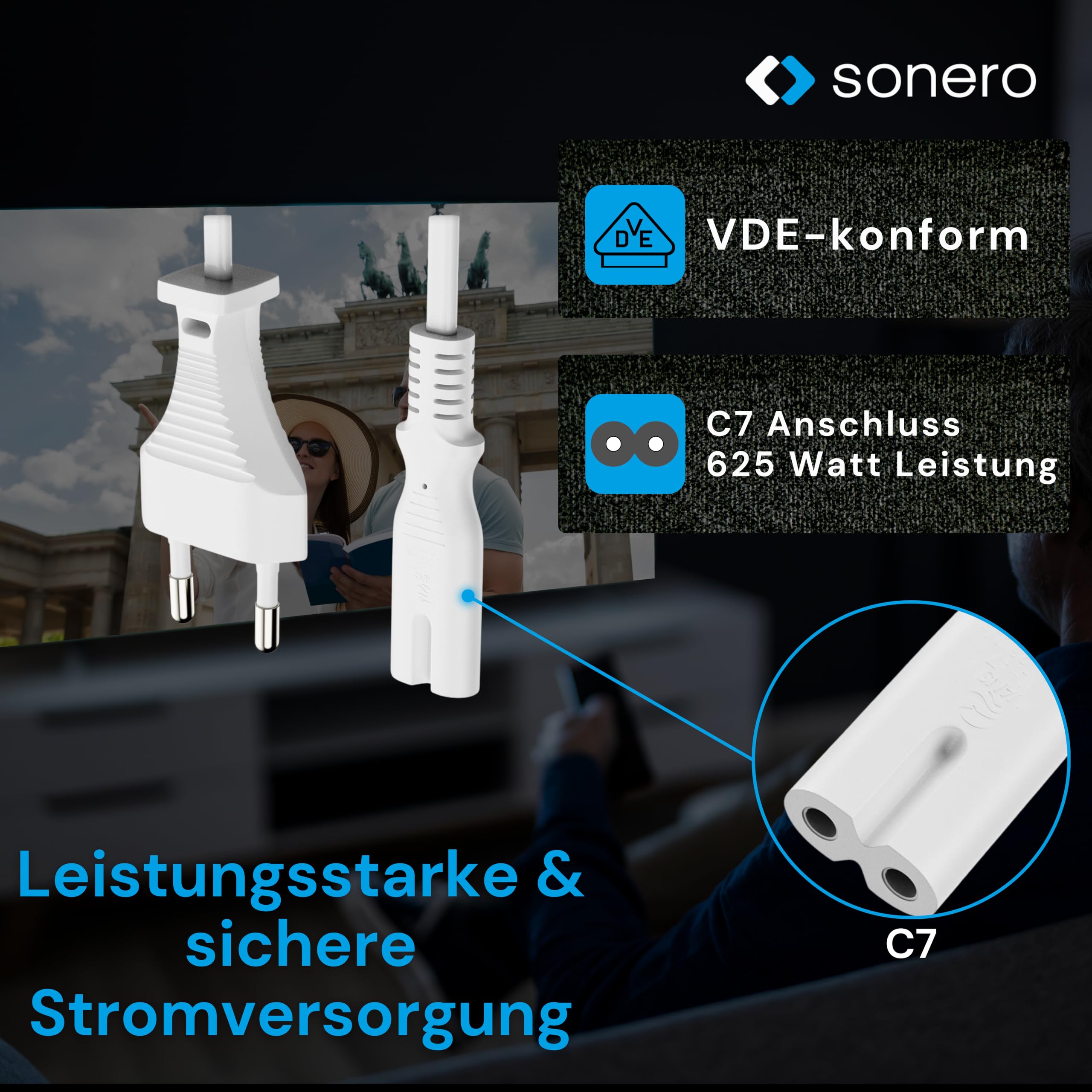Sonero® Euro-Cavo di alimentazione, cavo di alimentazione per elettrodomestici, spina Euro a presa IEC C7, 3,00 m, bianco