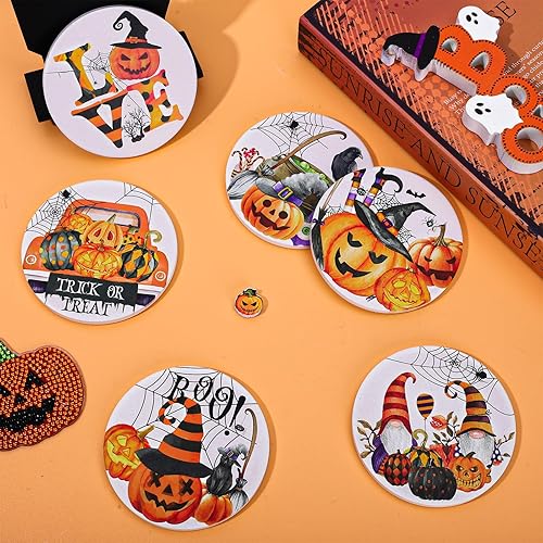 Miniatura 5 de Whaline 6 posavasos de Halloween, de cerámica, acuarela, con patrón de gnomo de calabaza, posavasos para decoración de mesa, suministros de fiesta,