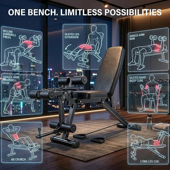 Foldable Weights Bench for Home Gym, 200KG Heavy Duty Adjustable Workout Bench with Leg Developer, Incline Decline Dumbbell Bench for Full Body Strength Training