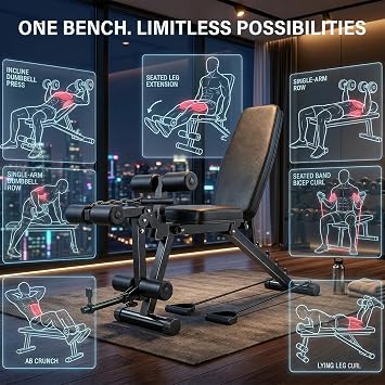 Foldable Weights Bench for Home Gym, 200KG Heavy Duty Adjustable Workout Bench with Leg Developer, Incline Decline Dumbbell Bench for Full Body Strength Training