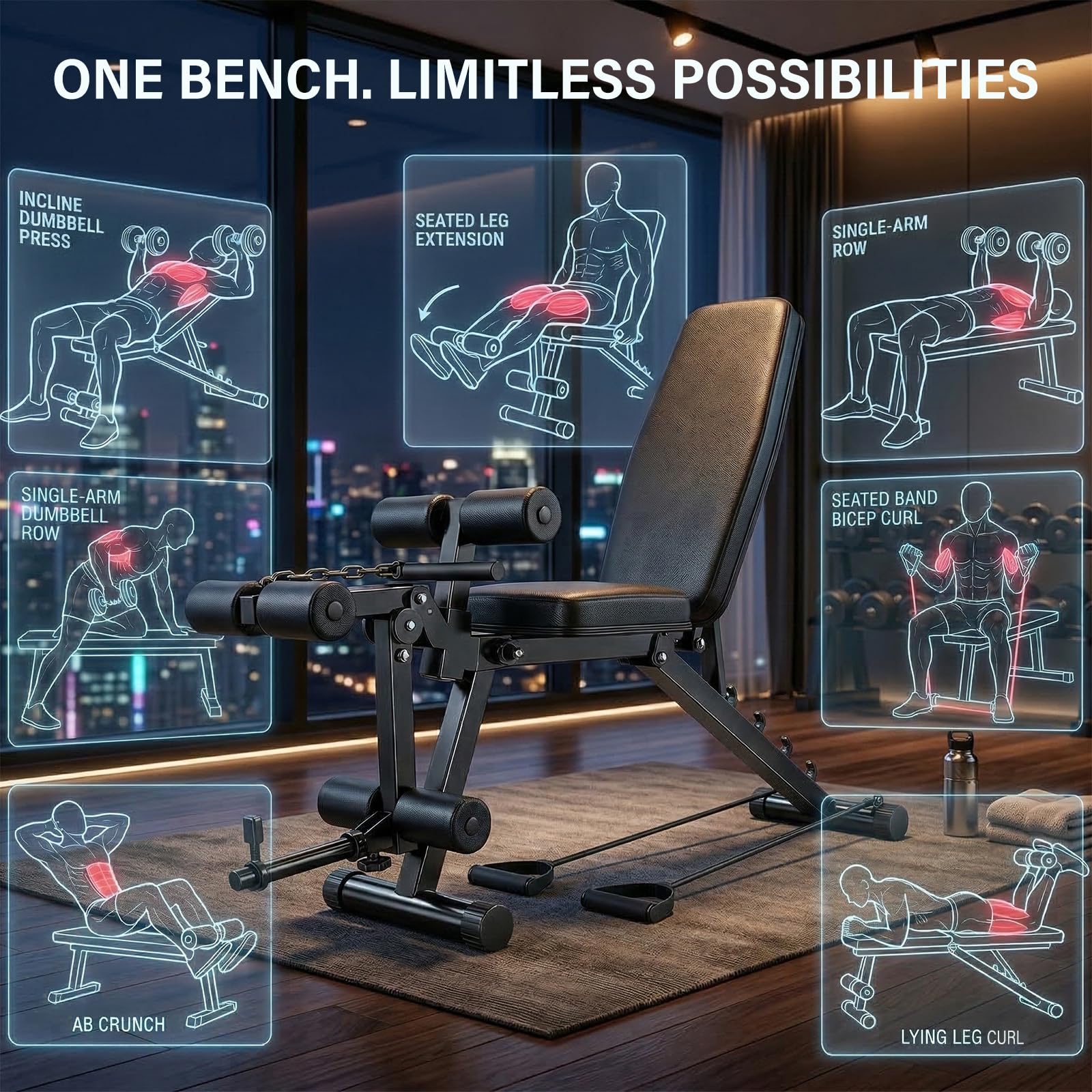 Banco Musculación Plegable para Casa, 200KG Banco de Pesas Ajustable con Extensión de Piernas, Máquina Multifunción Musculación para Gimnasio en Casa