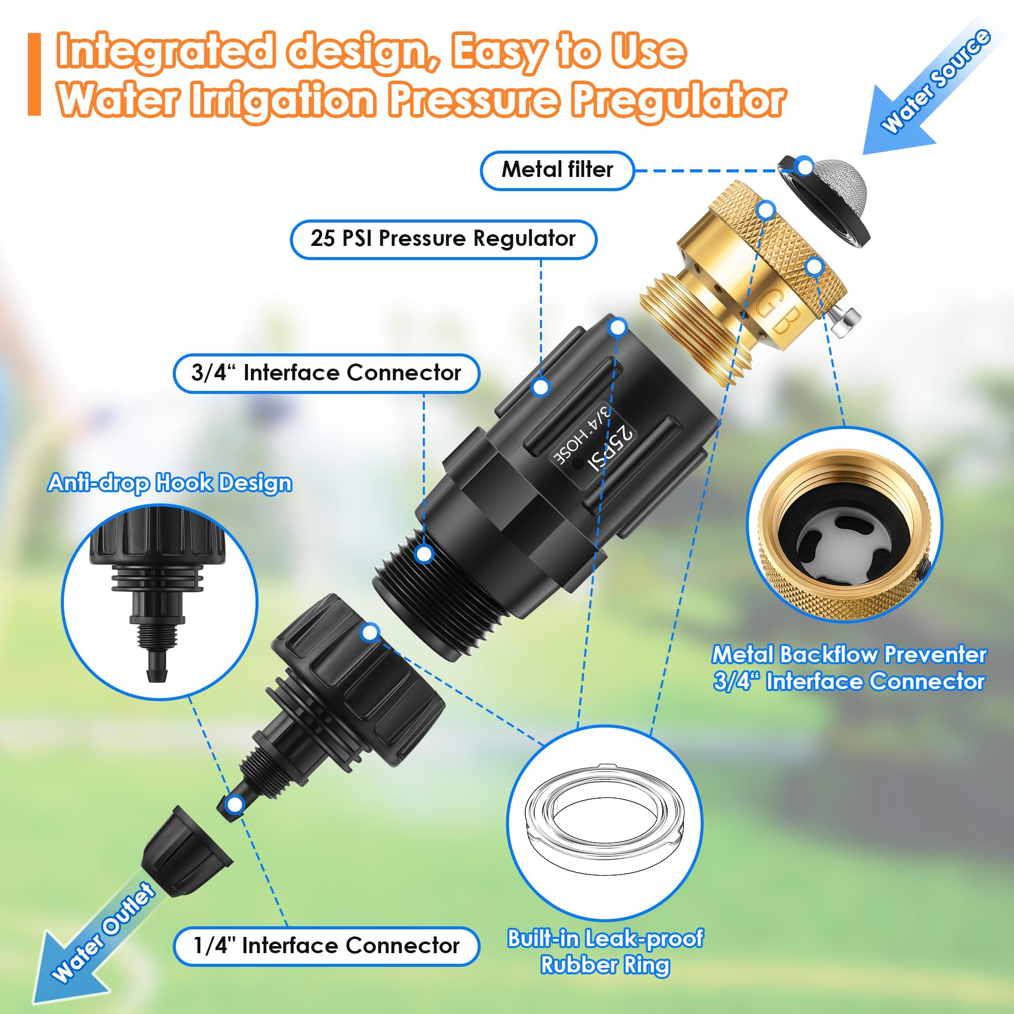 Adaptador de grifo de riego por goteo de 25 PSI, tubo de 1/4 pulgadas de conexión rápida a manguera de jardín de 3/4 pulgadas con prevención de reflujo, filtro, cinta de fontaneros, regulador