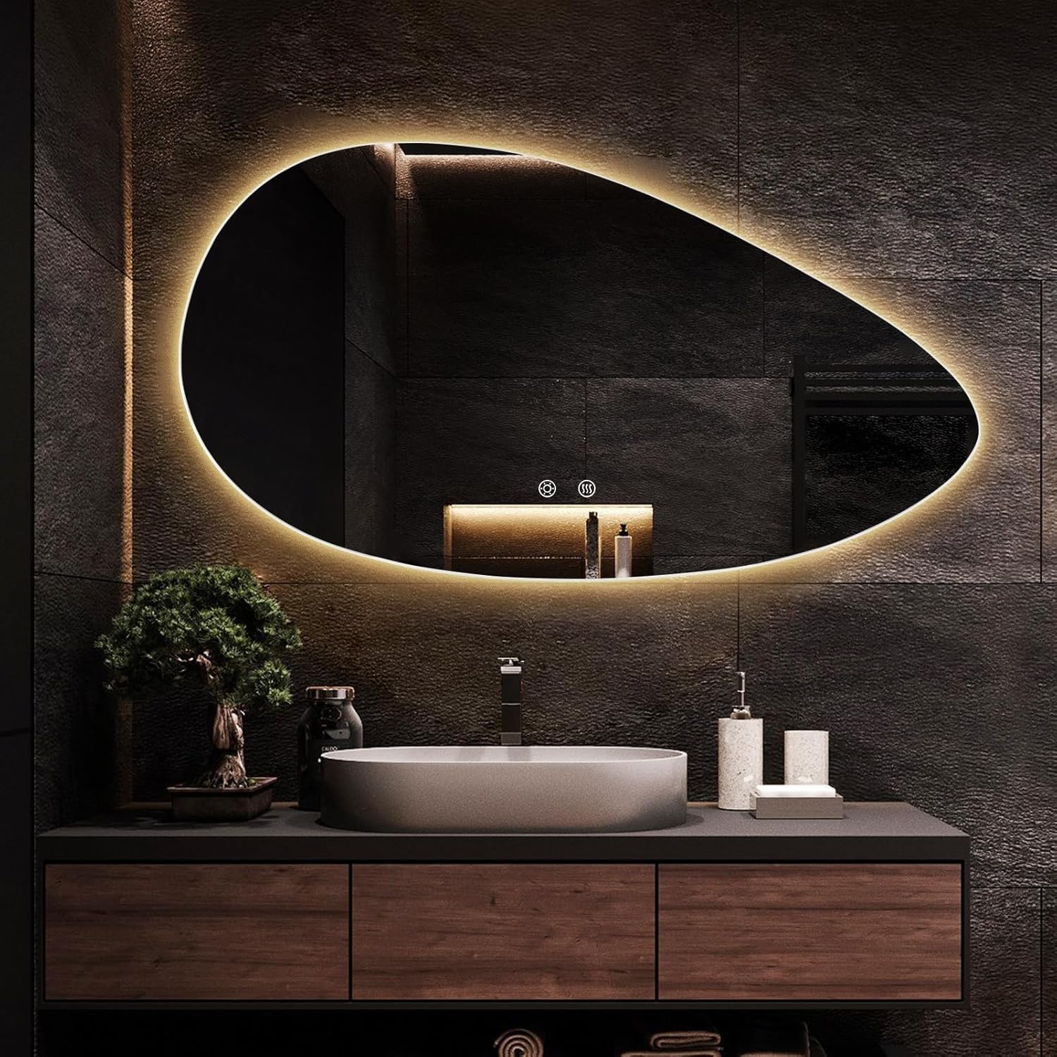 Lustro ścienne LED - 130 cm asymetryczne podświetlane lustro łazienkowe - bezramowe, nieregularne, owalne lustro toaletkowe ze światłem, 3 regulowane temperatury barwowe (120 * 75 cm (47,2 *